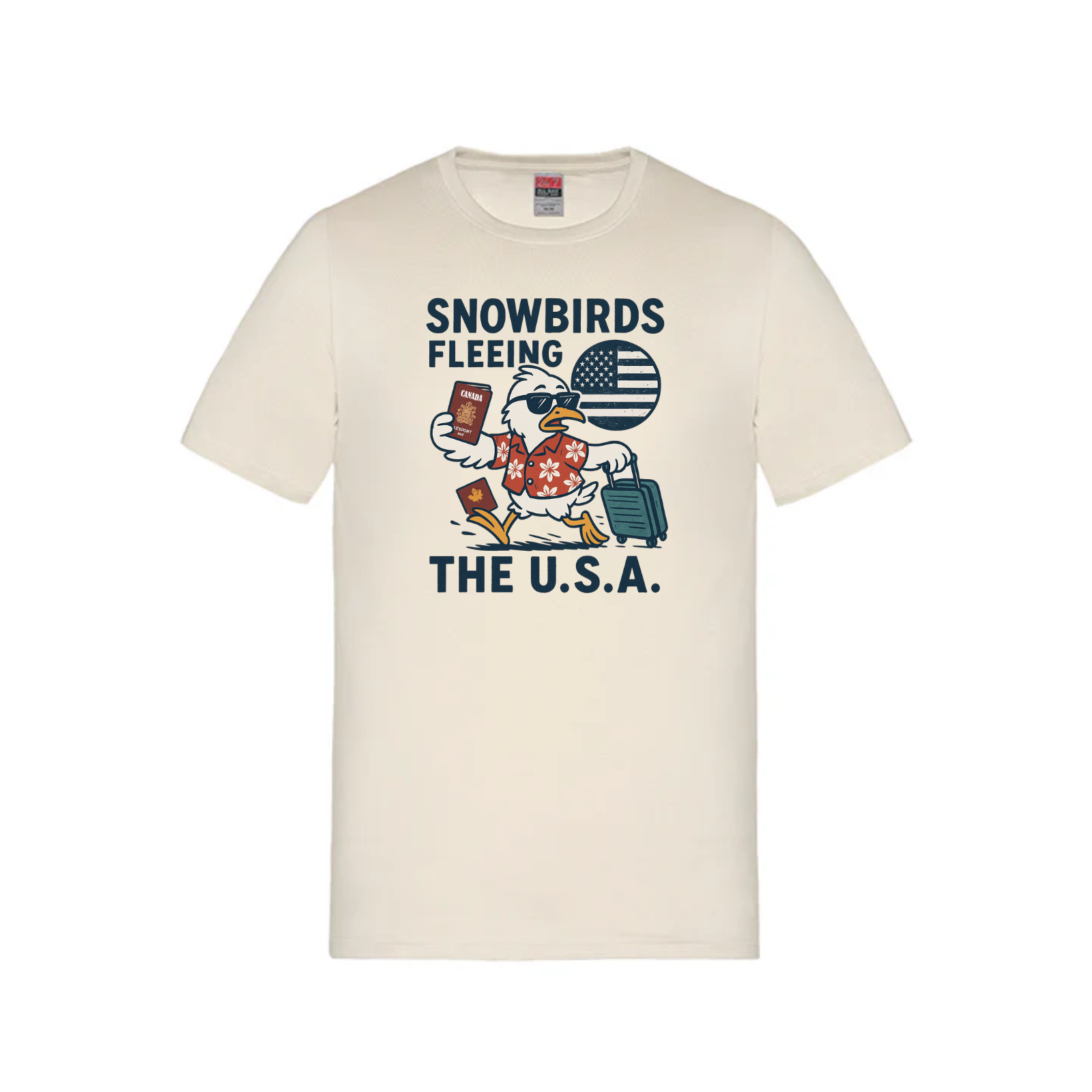 Snowbirds Fleeing the U.S.A. – Canadian Escape Artist Tee Beige Canada Snowbirds