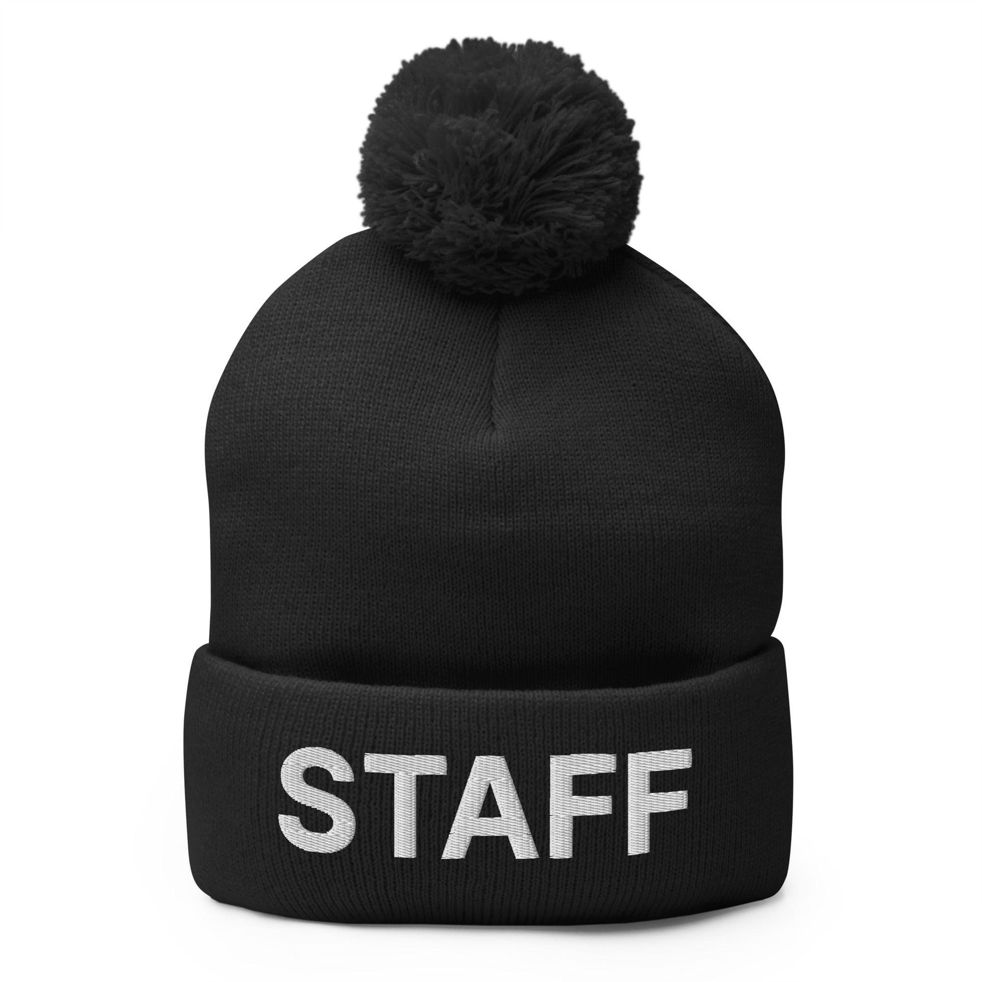 Staff Uniform Work Embroidered Knit Pom Pom Beanie Black Beanies Capital Crowns Work