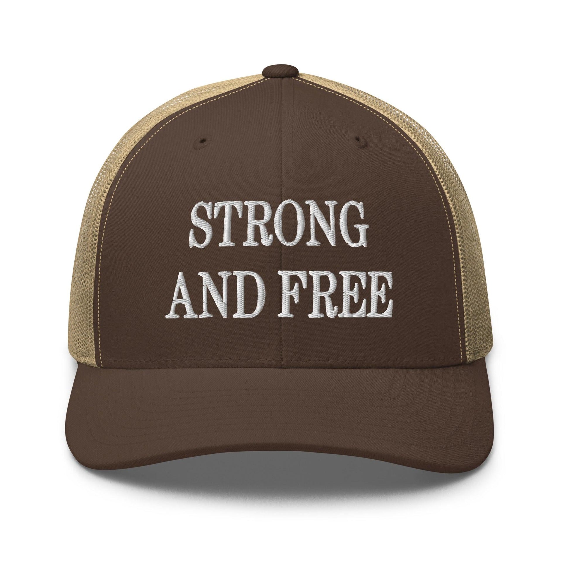 Strong and Free Embroidered Mesh Trucker Hat Brown Khaki Canada Capital Crowns Trucker Hats