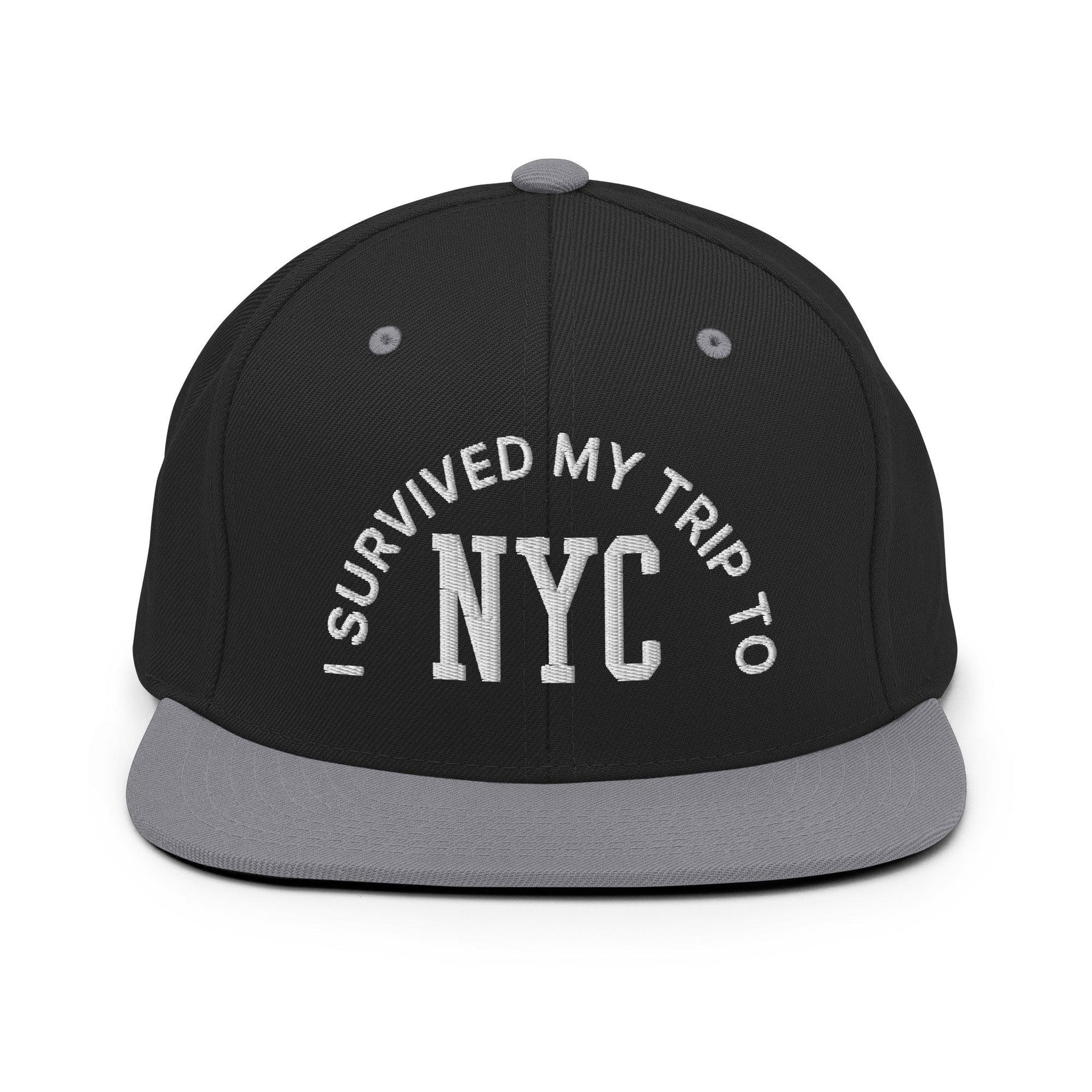 I Survived My Trip to NYC Embroidered Flat Bill Brim Snapback Hat Black Silver Capital Crowns New York City NY NYC Snapback Hats