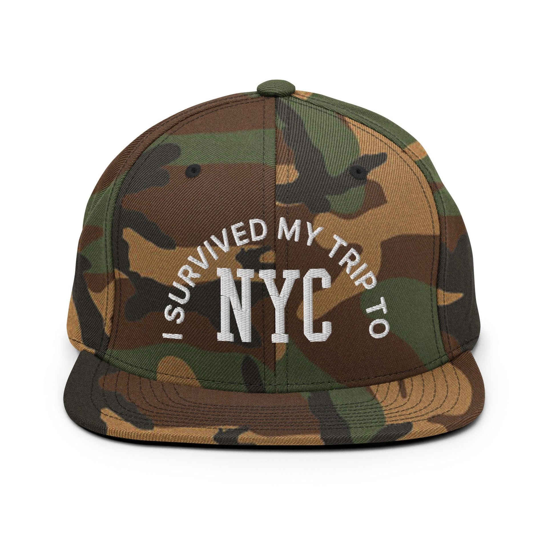 I Survived My Trip to NYC Embroidered Flat Bill Brim Snapback Hat Green Camo Capital Crowns New York City NY NYC Snapback Hats