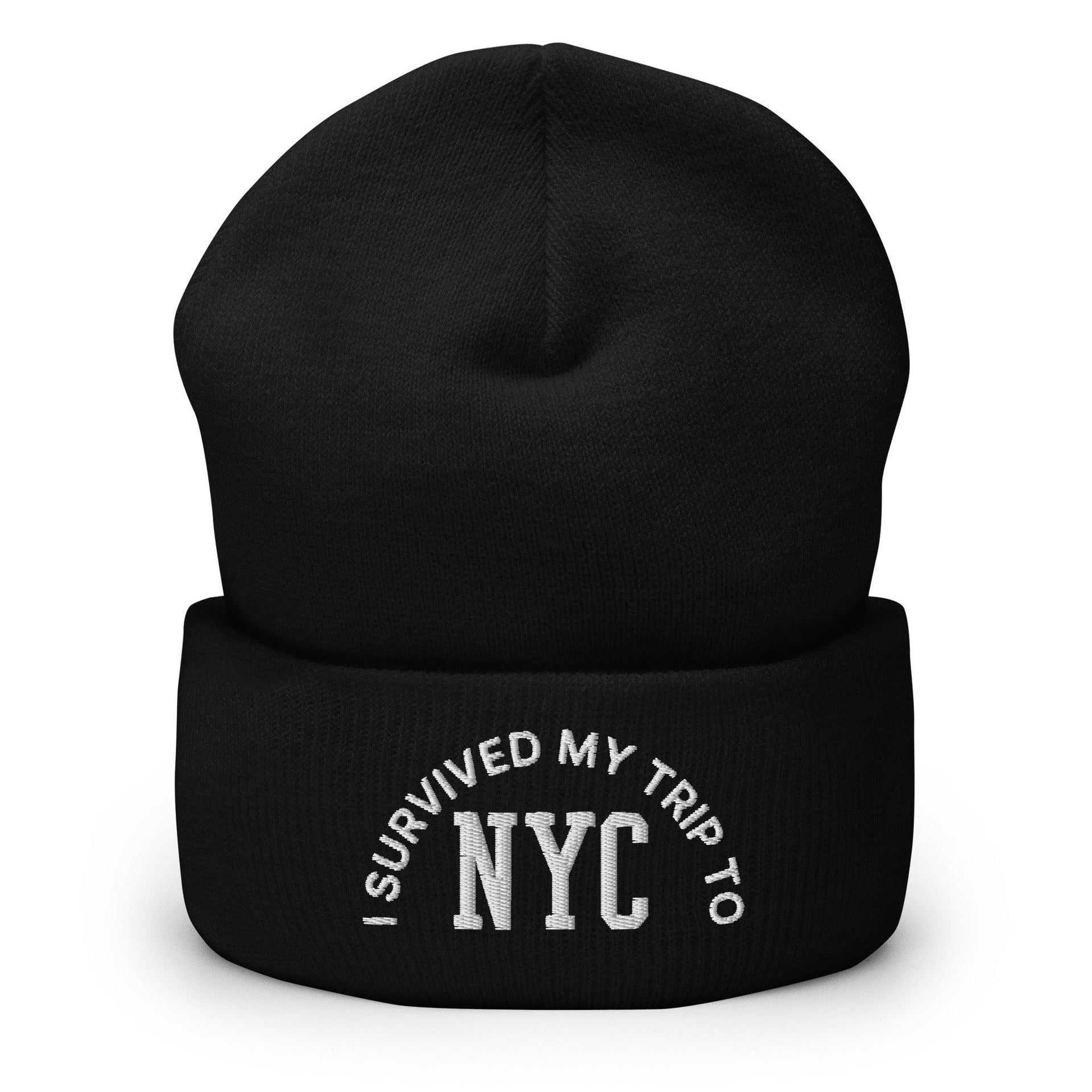 I Survived My Trip to NYC Embroidered Knit Cuffed Beanie Black Beanies Capital Crowns New York City NY NYC