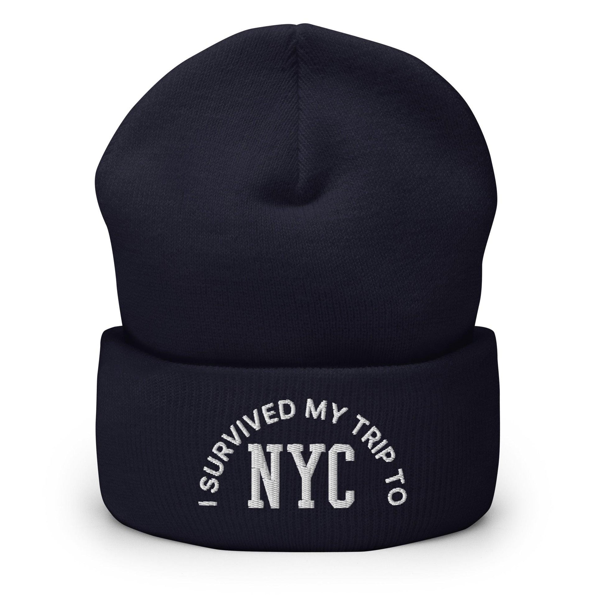 I Survived My Trip to NYC Embroidered Knit Cuffed Beanie Navy Beanies Capital Crowns New York City NY NYC