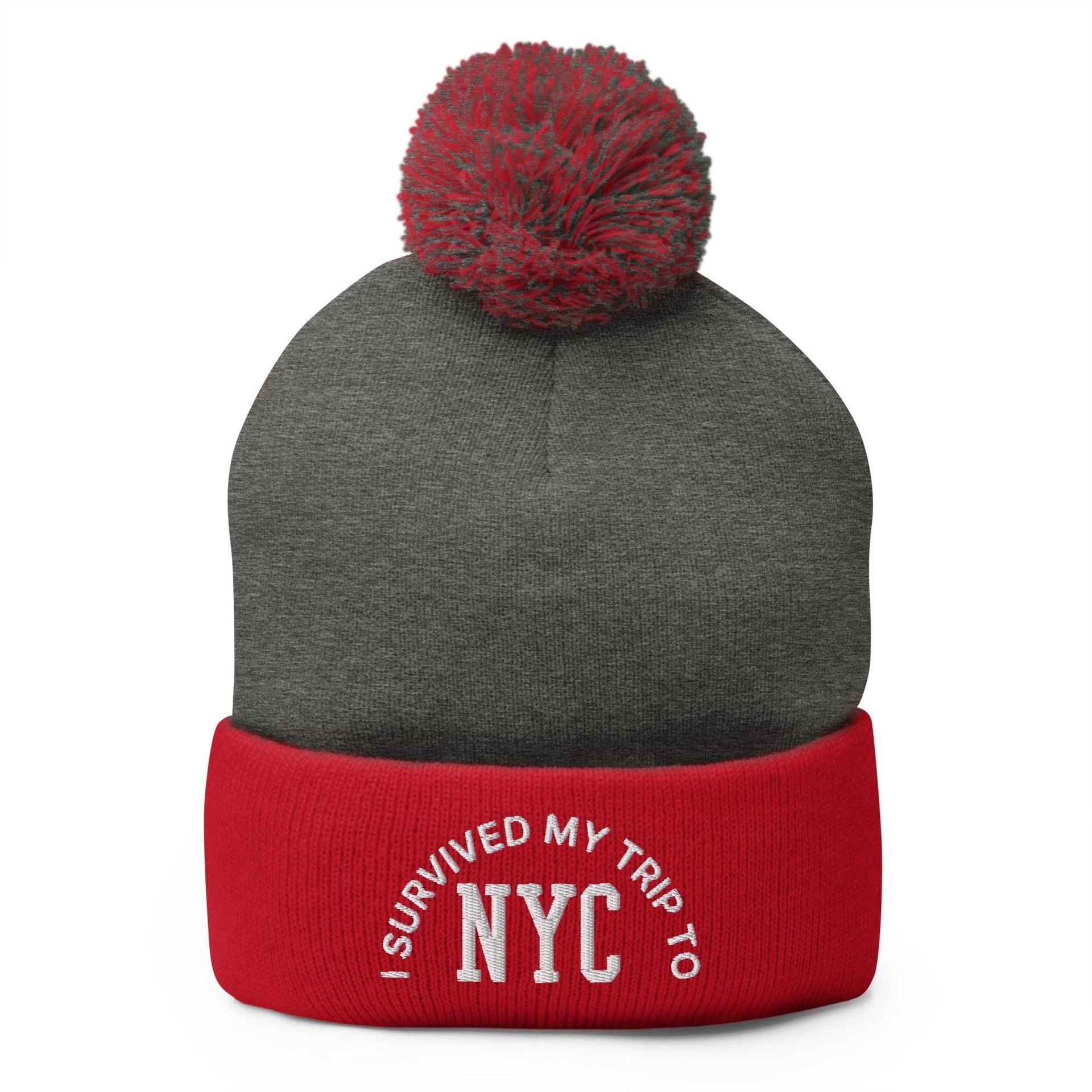 I Survived My Trip to NYC Embroidered Knit Pom Pom Beanie Dark Heather Grey Red Beanies Capital Crowns New York City NY NYC
