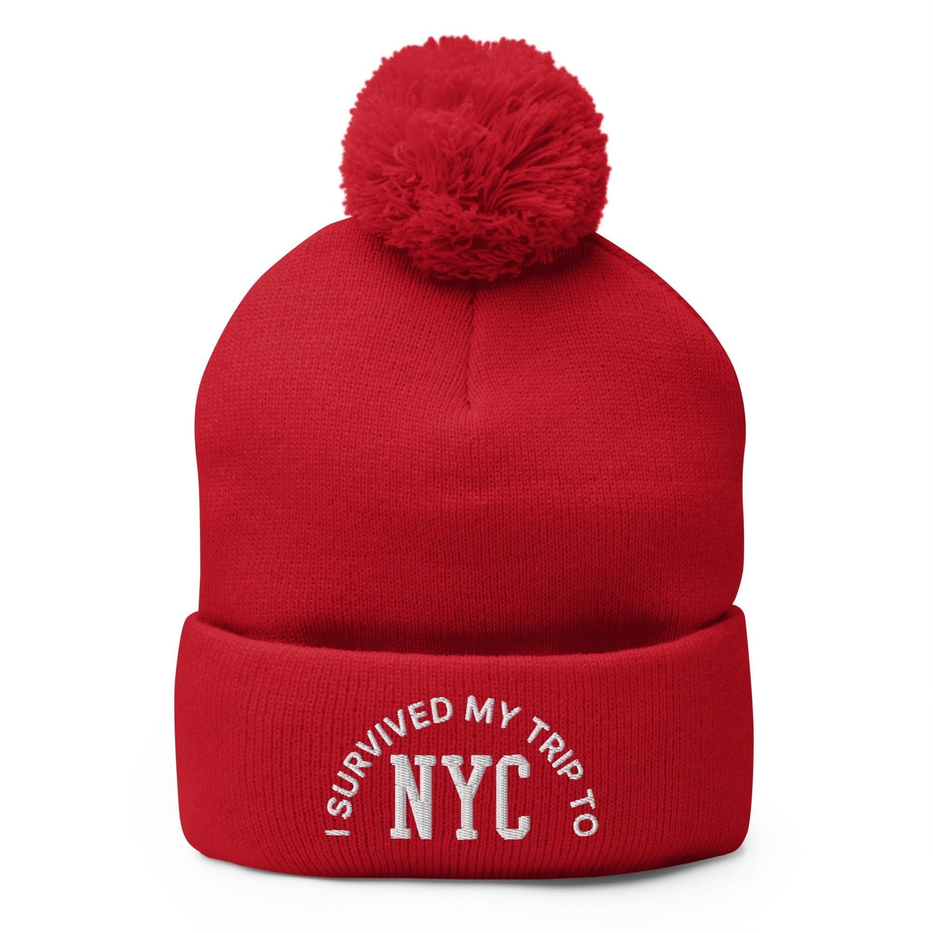 I Survived My Trip to NYC Embroidered Knit Pom Pom Beanie Red Beanies Capital Crowns New York City NY NYC