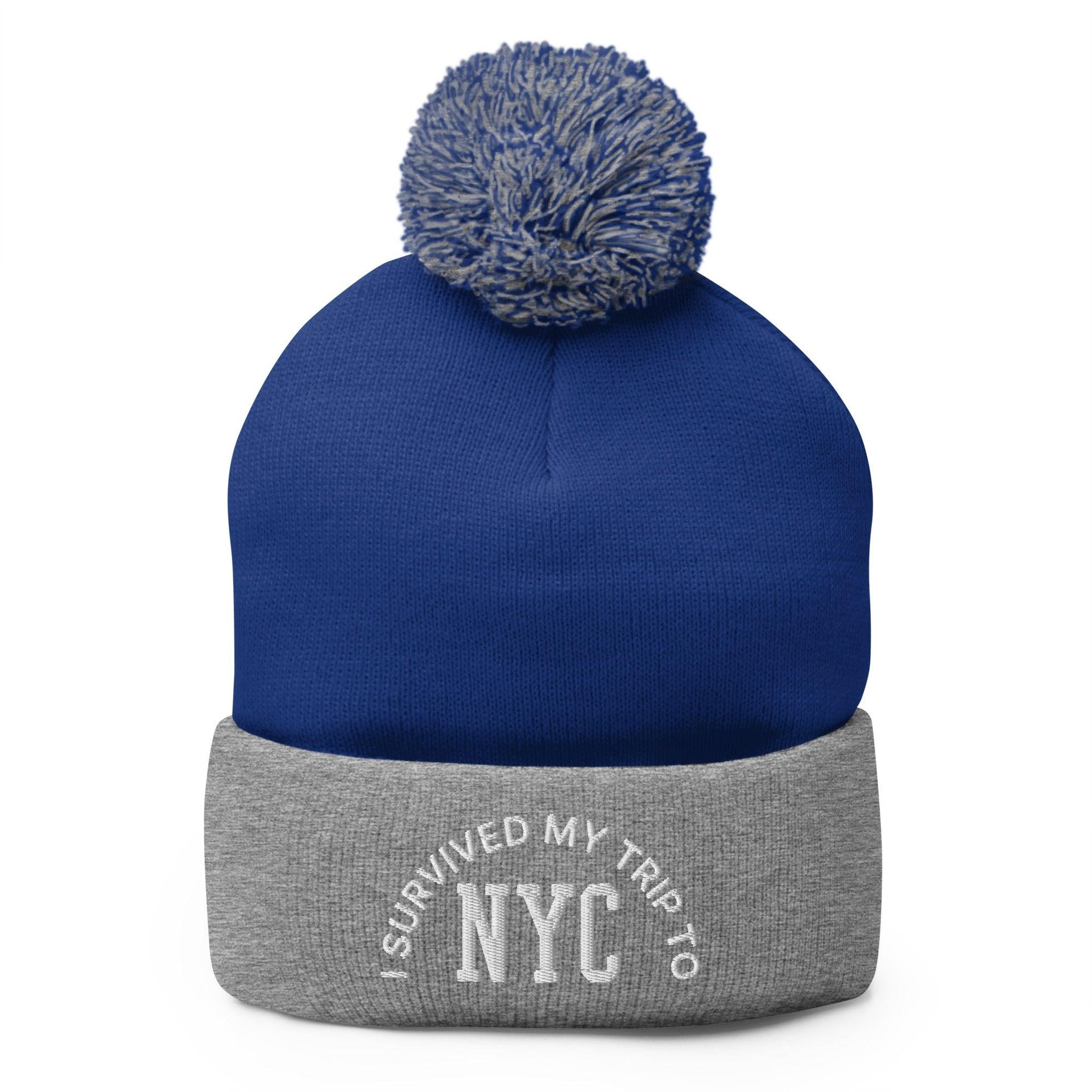 I Survived My Trip to NYC Embroidered Knit Pom Pom Beanie Royal Heather Grey Beanies Capital Crowns New York City NY NYC