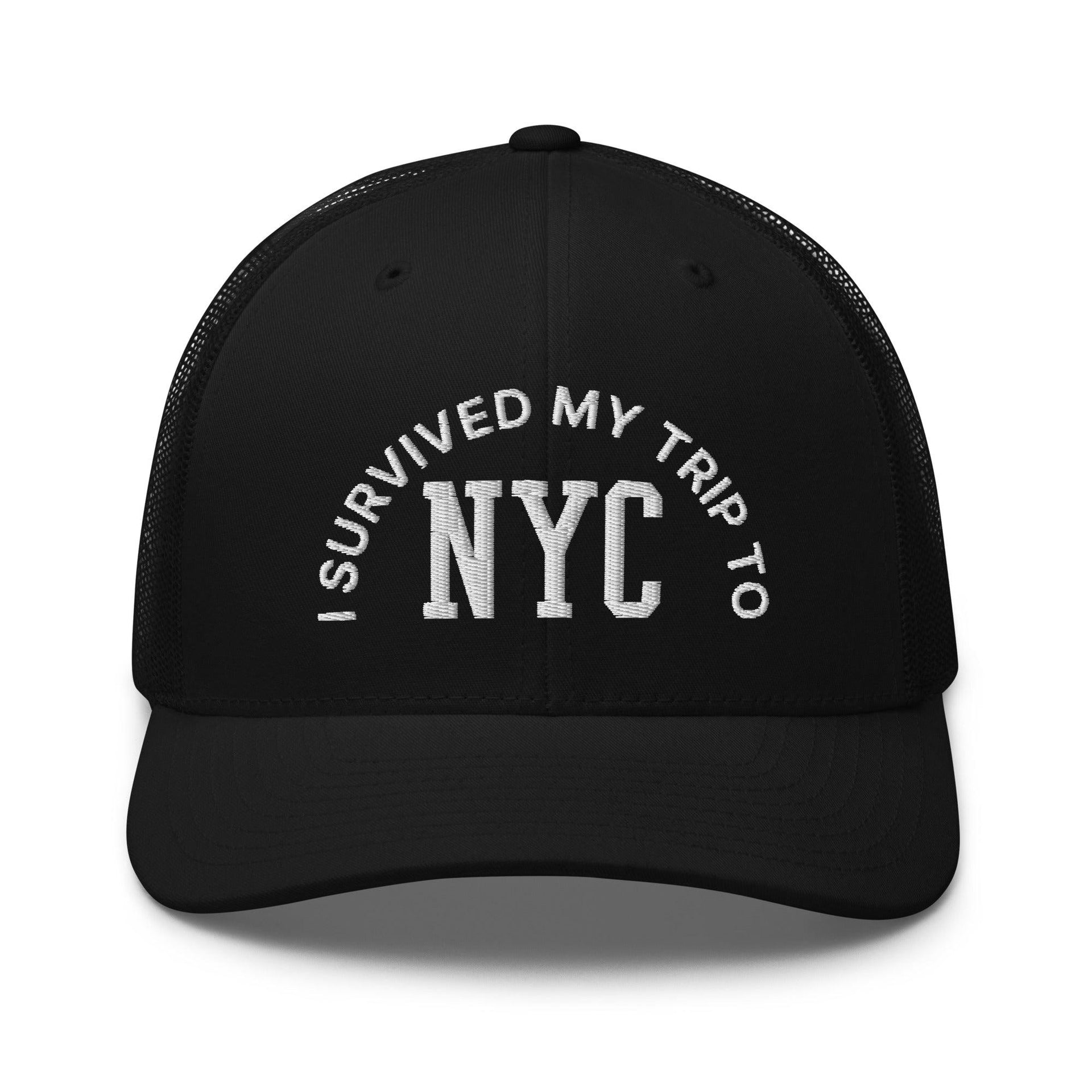 I Survived My Trip to NYC Embroidered Mesh Trucker Hat Black Capital Crowns New York City NY NYC Trucker Hats