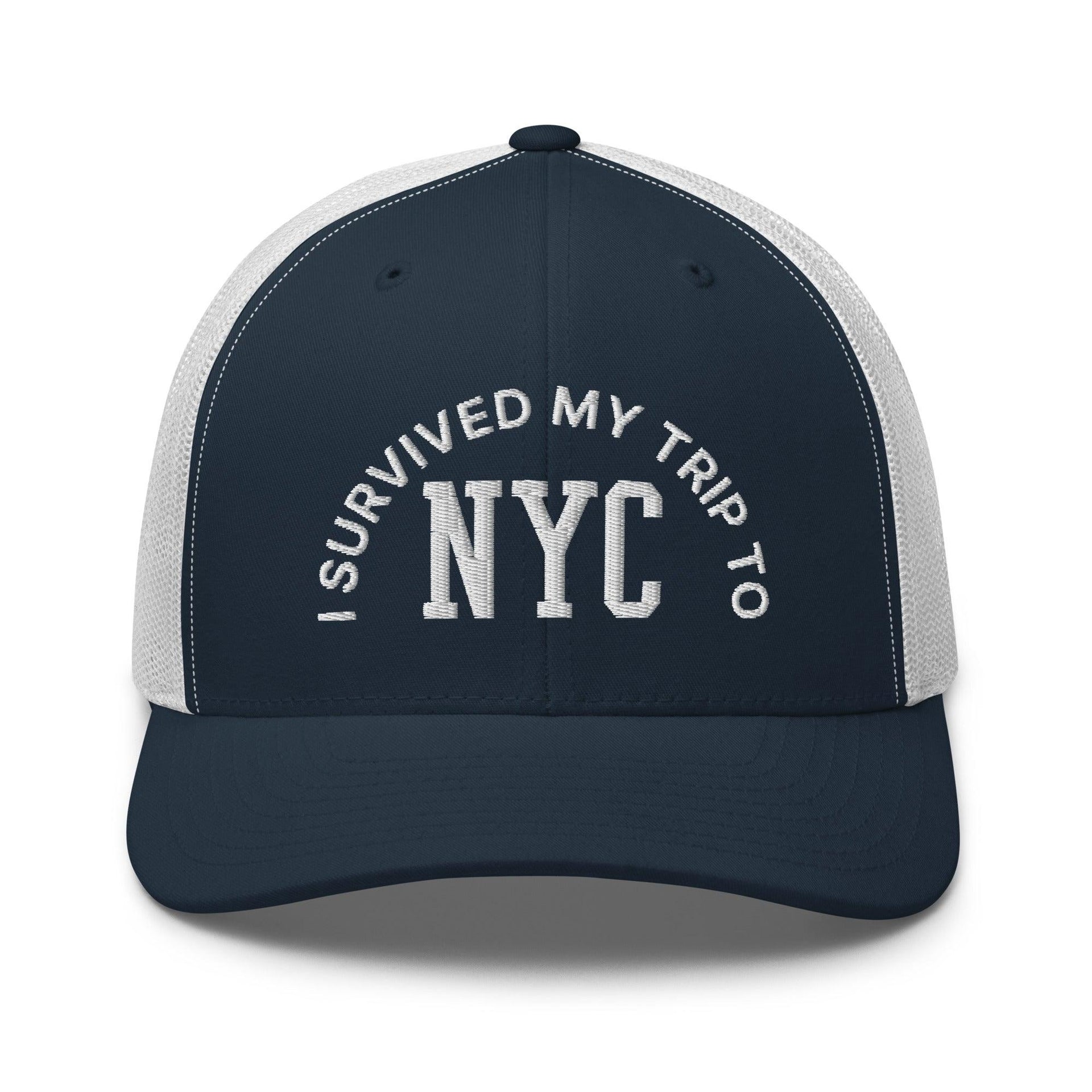 I Survived My Trip to NYC Embroidered Mesh Trucker Hat Navy White Capital Crowns New York City NY NYC Trucker Hats
