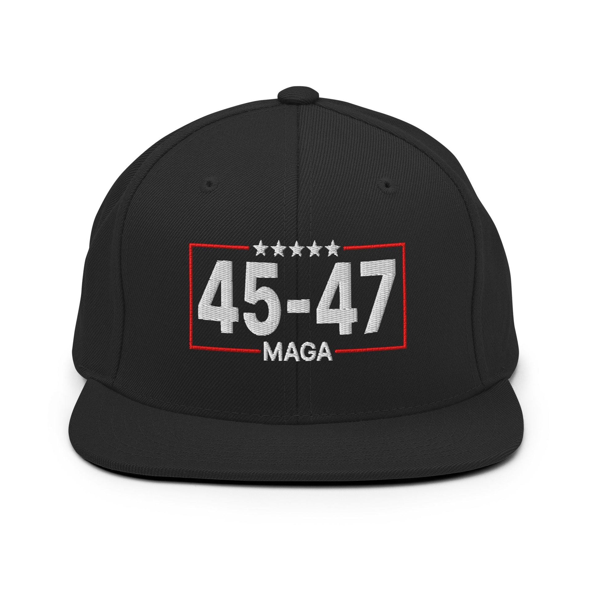 Trump 45-47 MAGA Embroidered Flat Bill Brim Snapback Hat Black Capital Crowns Conservative LADs Snapback Hats