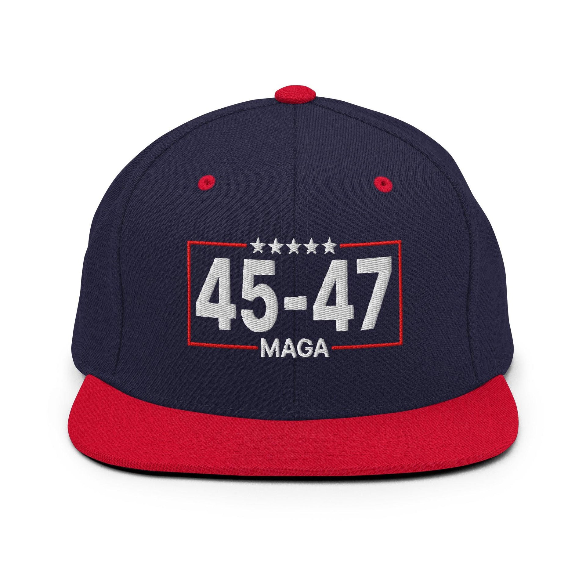 Trump 45-47 MAGA Embroidered Flat Bill Brim Snapback Hat Navy Red Capital Crowns Conservative LADs Snapback Hats