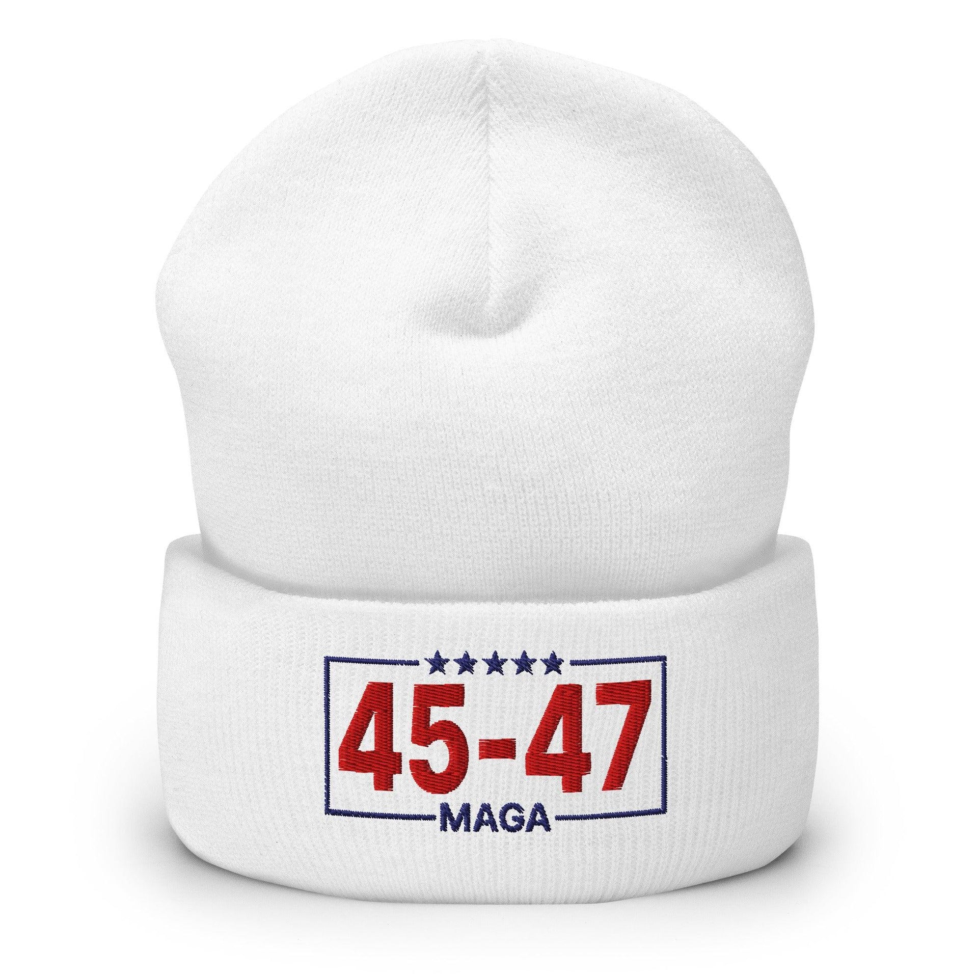 Trump 45-47 MAGA Embroidered Knit Cuffed Beanie White Beanies Capital Crowns Conservative LADs