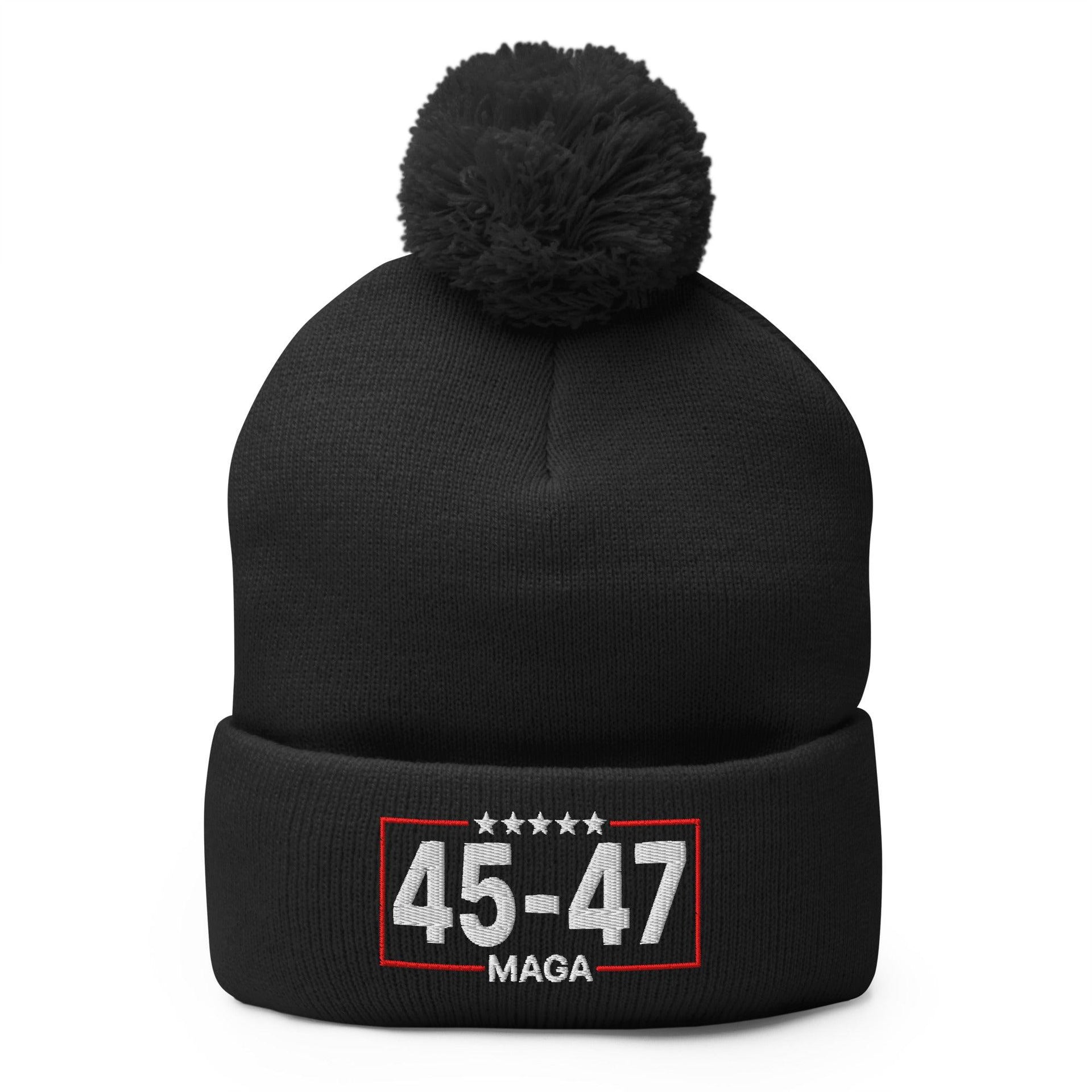 Trump 45-47 MAGA Embroidered Knit Pom Pom Beanie Black Beanies Capital Crowns Conservative LADs