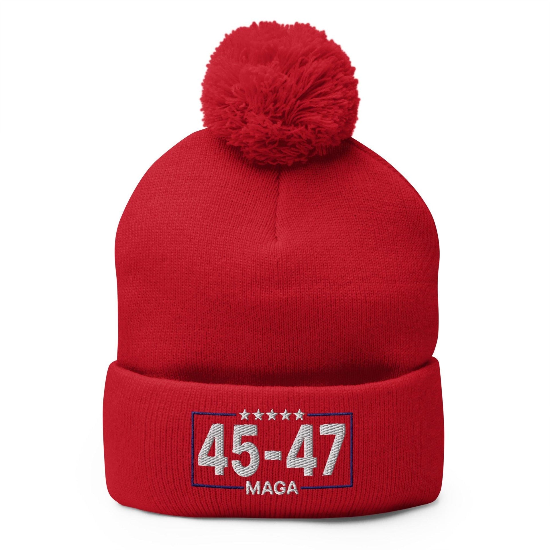 Trump 45-47 MAGA Embroidered Knit Pom Pom Beanie Red Beanies Capital Crowns Conservative LADs