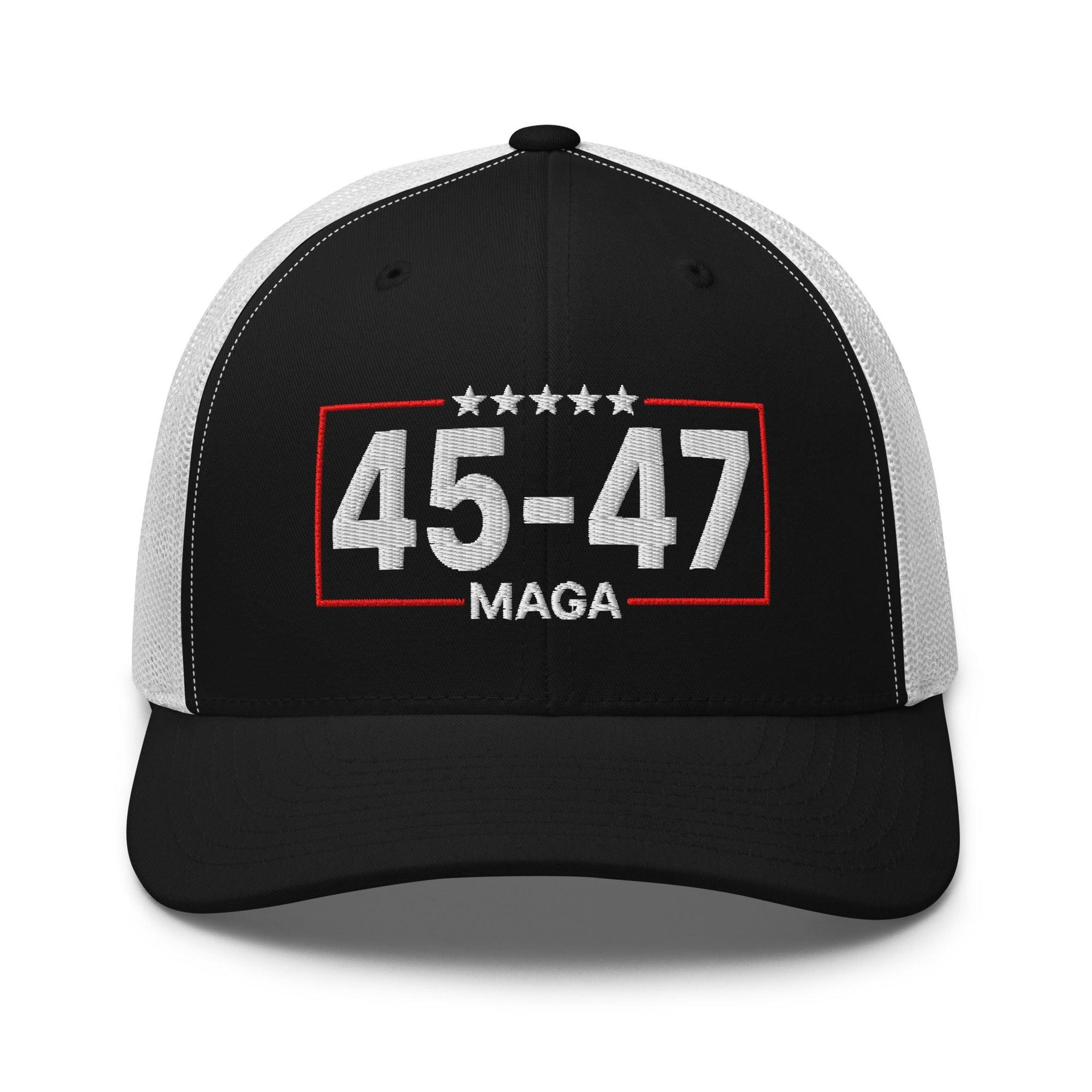 Trump 45-47 MAGA Embroidered Mesh Trucker Hat Black White Capital Crowns Conservative LADs Trucker Hats