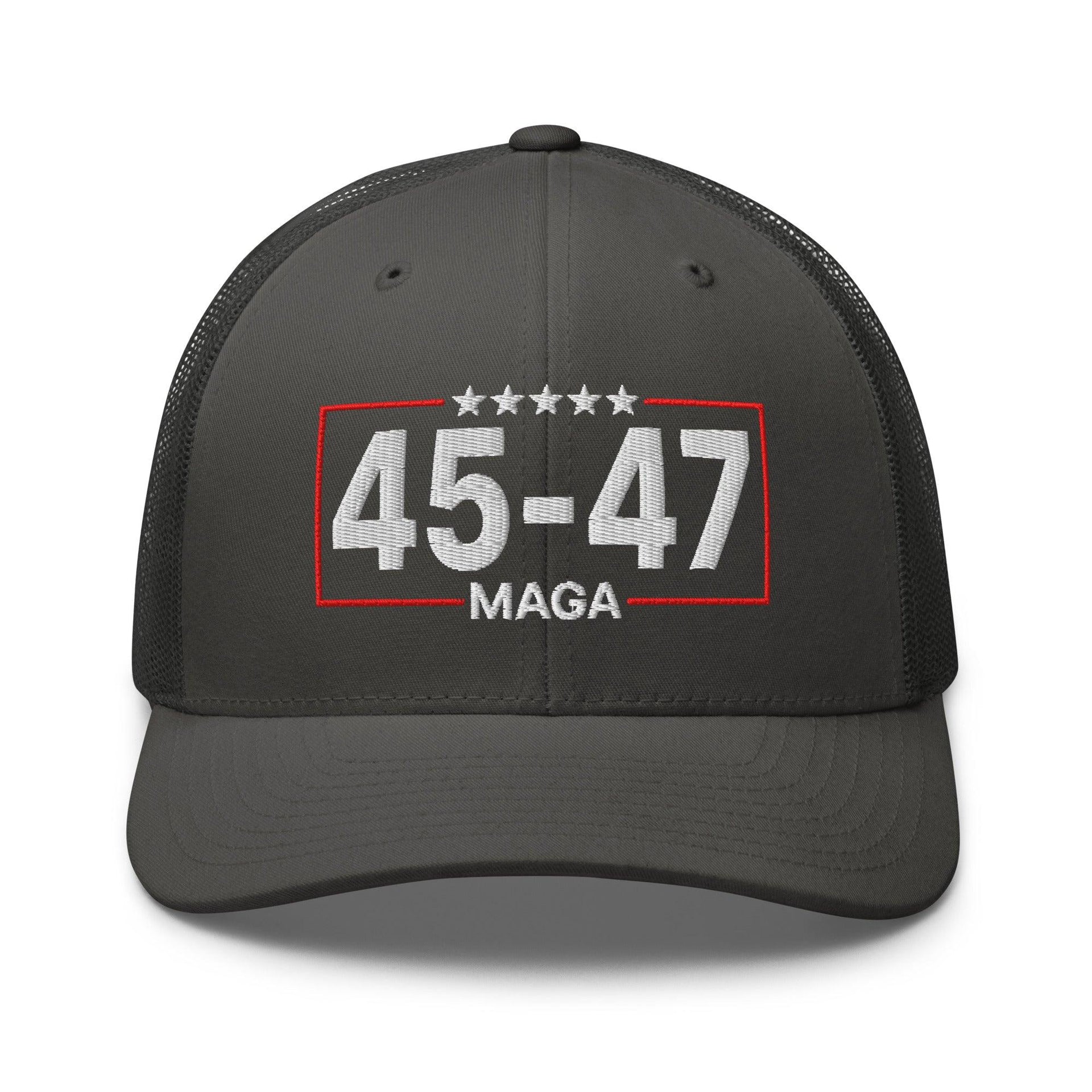 Trump 45-47 MAGA Embroidered Mesh Trucker Hat Charcoal Capital Crowns Conservative LADs Trucker Hats