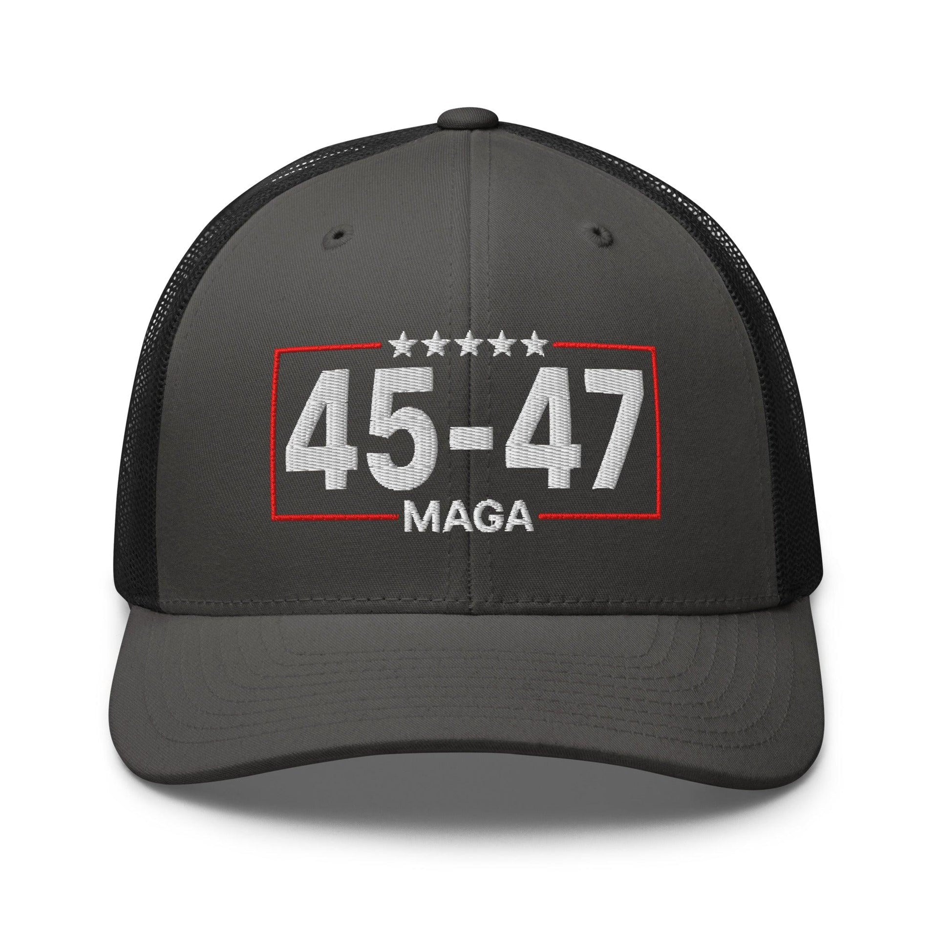 Trump 45-47 MAGA Embroidered Mesh Trucker Hat Charcoal Black Capital Crowns Conservative LADs Trucker Hats