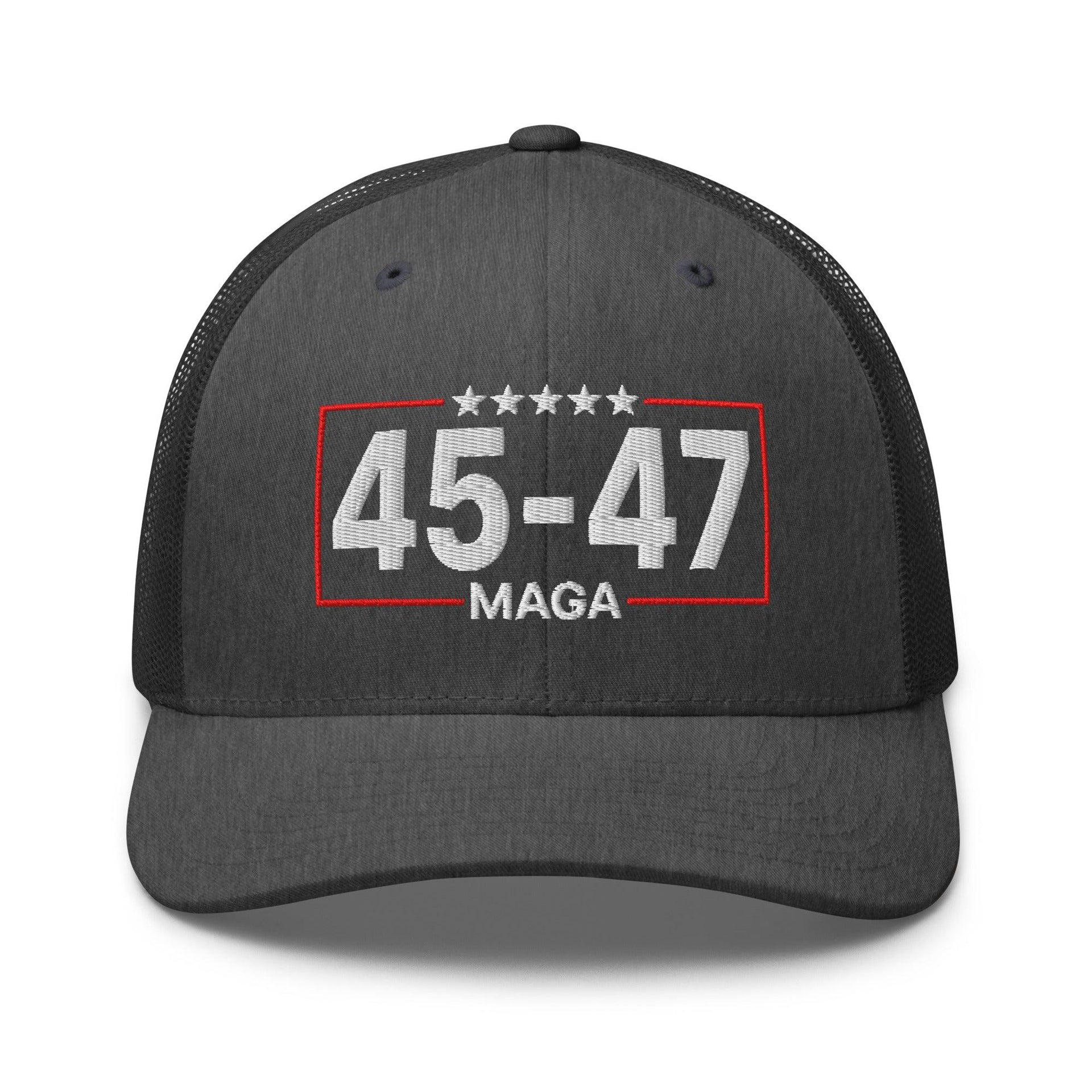 Trump 45-47 MAGA Embroidered Mesh Trucker Hat Dark Heather Gray Capital Crowns Conservative LADs Trucker Hats