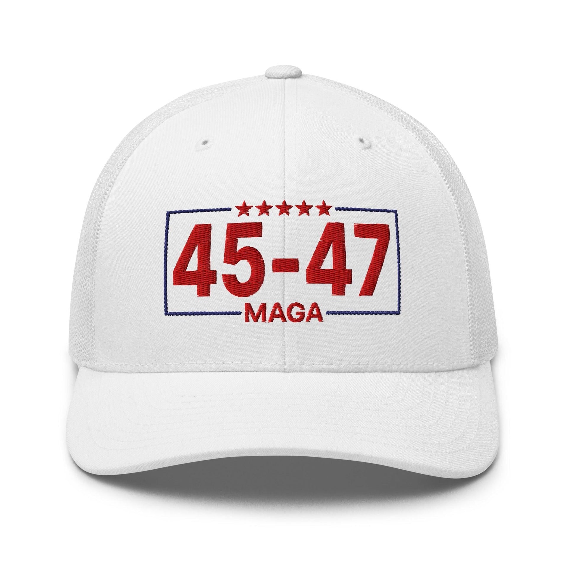Trump 45-47 MAGA Embroidered Mesh Trucker Hat White Capital Crowns Conservative LADs Trucker Hats