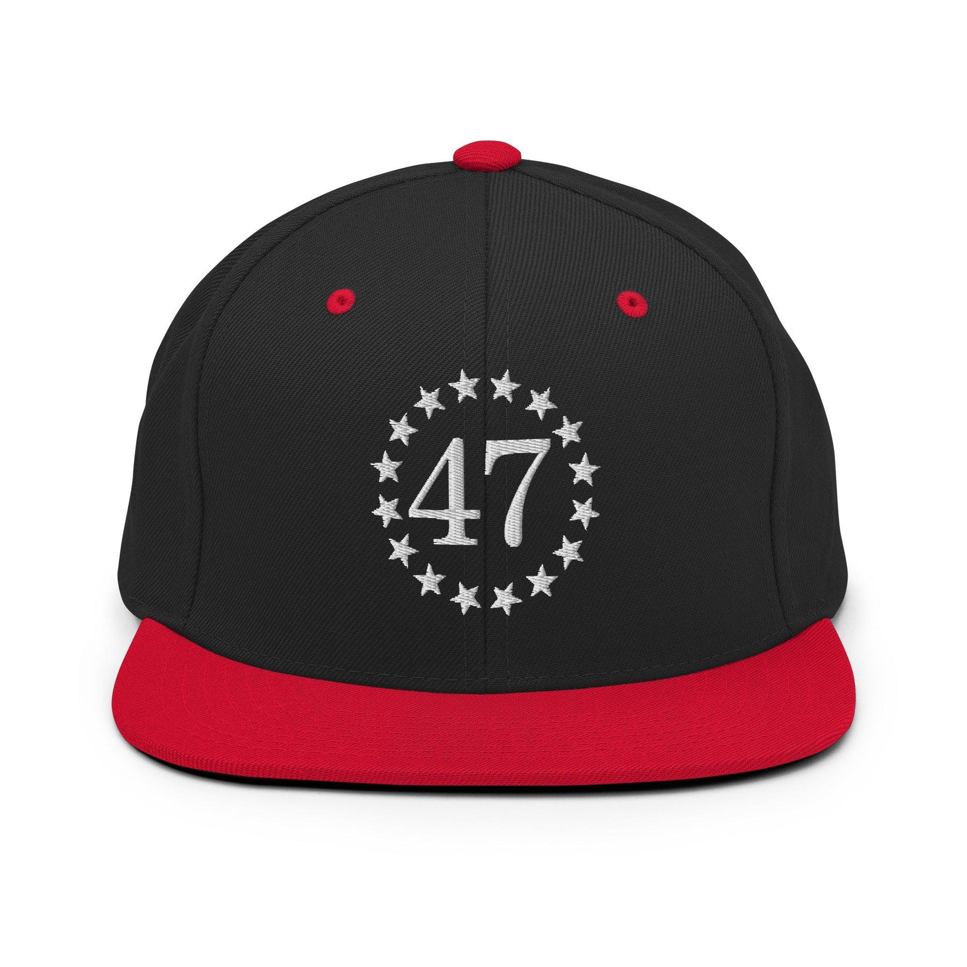 Trump 47 Embroidered Flat Bill Brim Snapback Hat Black Red Capital Crowns Conservative LADs Snapback Hats Trump