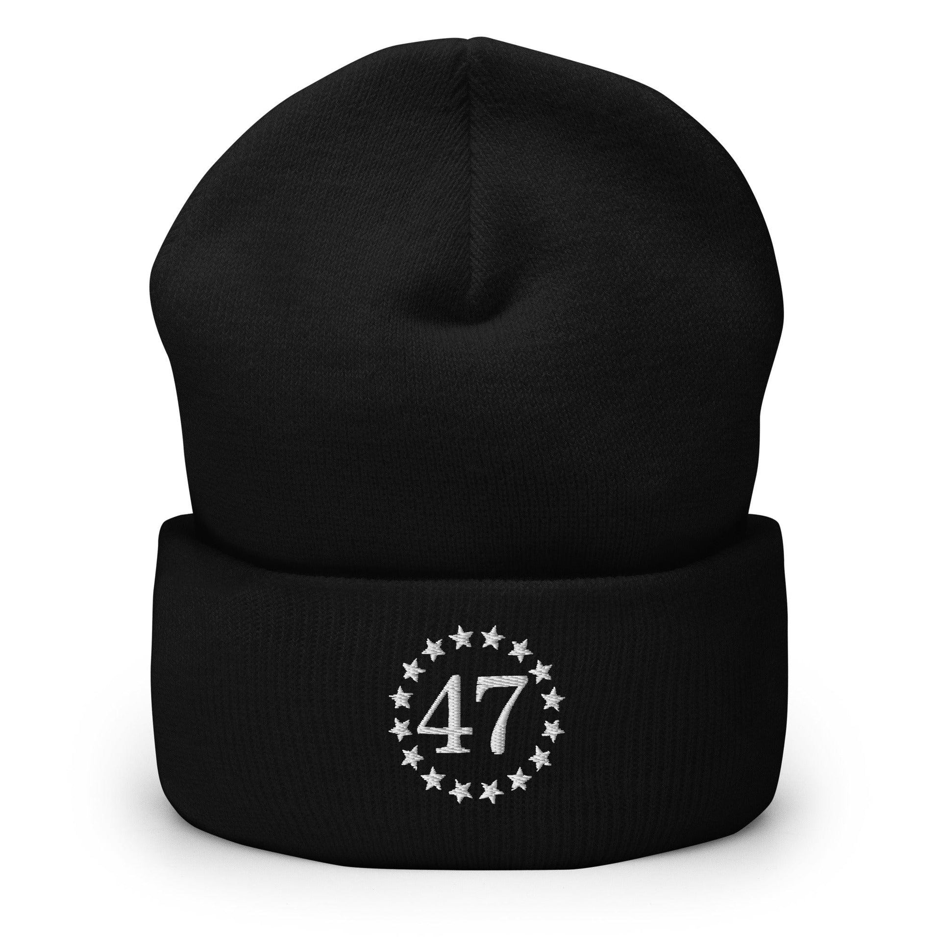 Trump 47 Embroidered Knit Cuffed Beanie Black Beanies Capital Crowns Conservative LADs Trump
