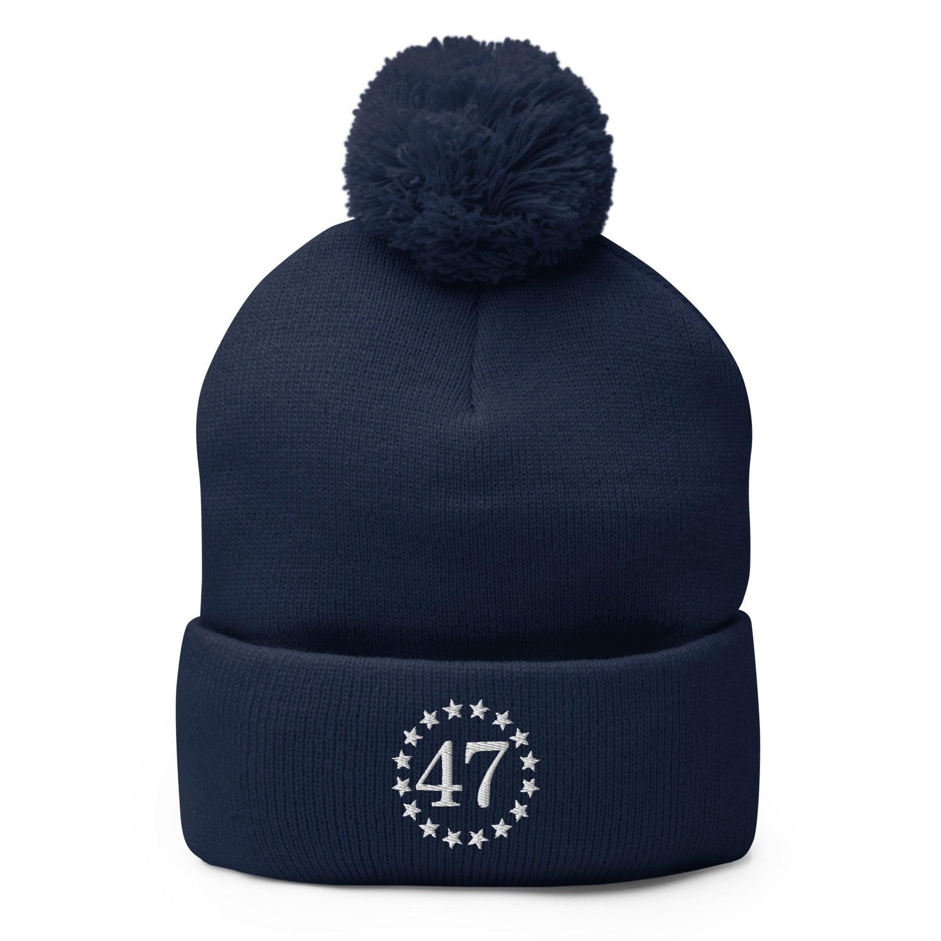 Trump 47 Embroidered Knit Pom Pom Beanie Navy Beanies Capital Crowns Conservative LADs Trump