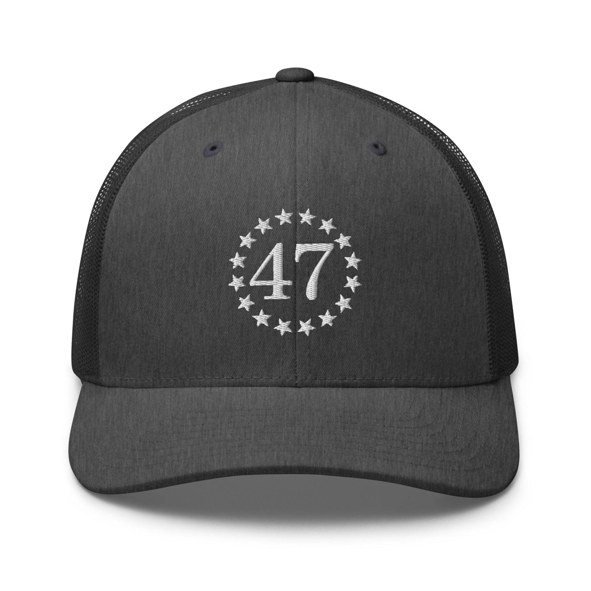 Trump 47 Embroidered Mesh Trucker Hat Dark Heather Gray Capital Crowns Conservative LADs Trucker Hats Trump