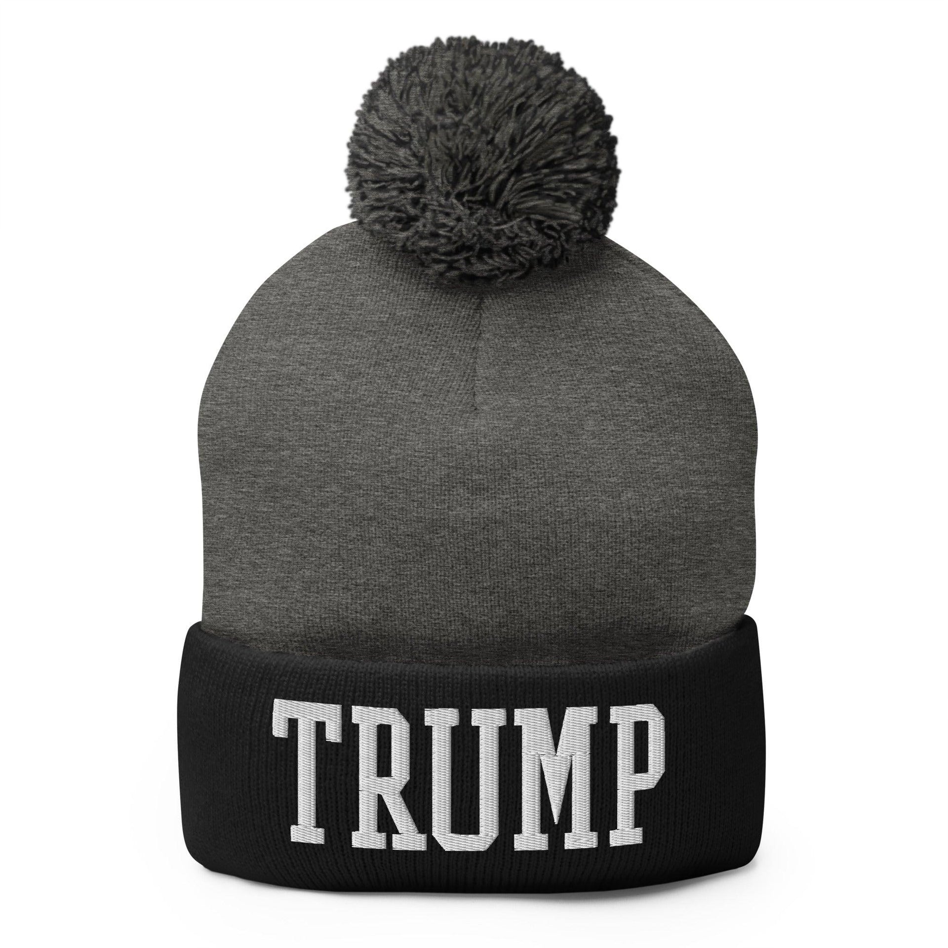 Trump Embroidered Knit Pom Pom Beanie Dark Heather Grey Black Beanies Capital Crowns Conservative LADs