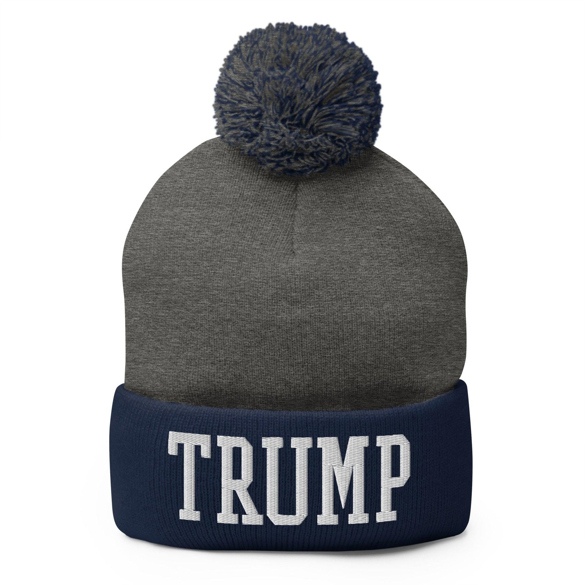Trump Embroidered Knit Pom Pom Beanie Dark Heather Grey Navy Beanies Capital Crowns Conservative LADs