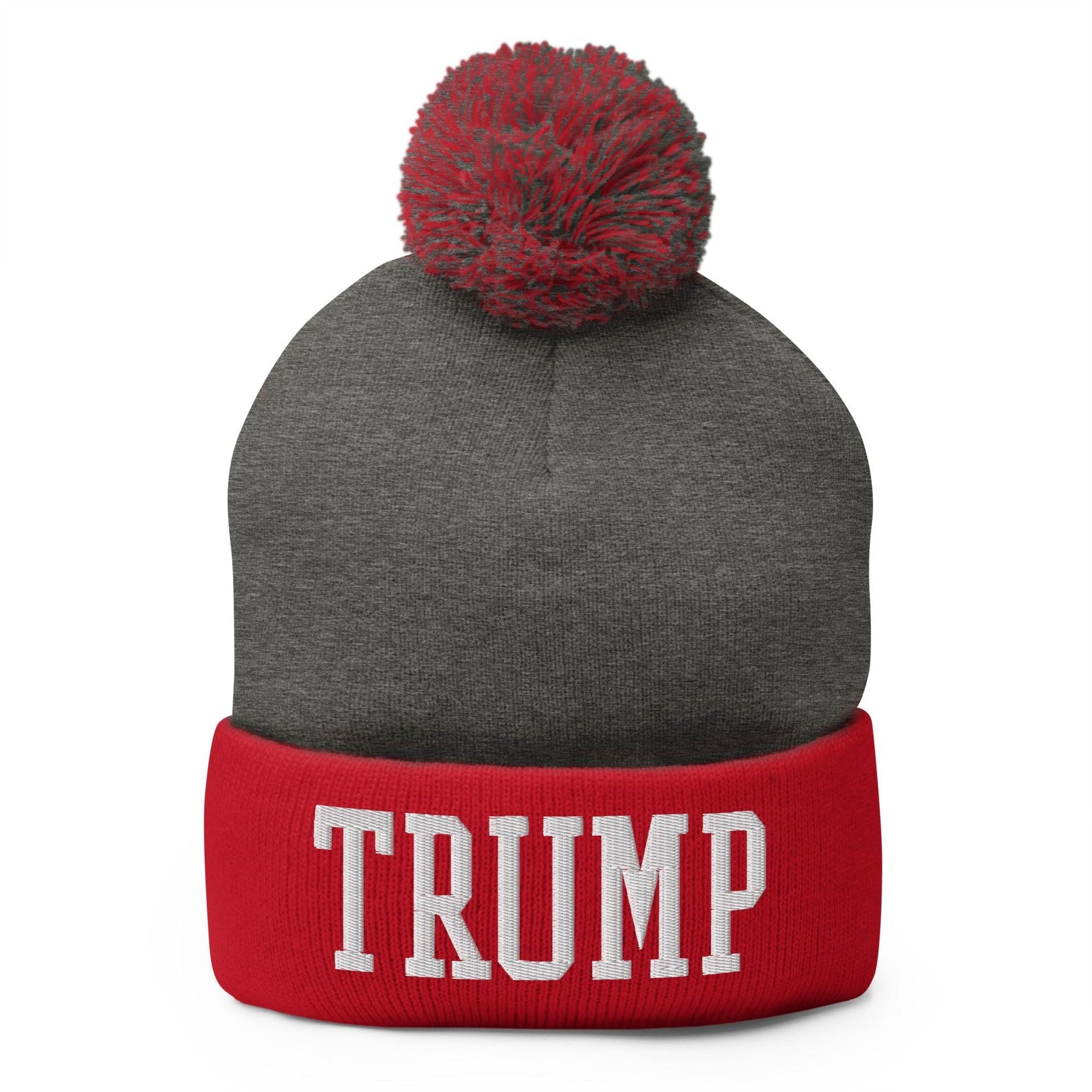 Trump Embroidered Knit Pom Pom Beanie Dark Heather Grey Red Beanies Capital Crowns Conservative LADs