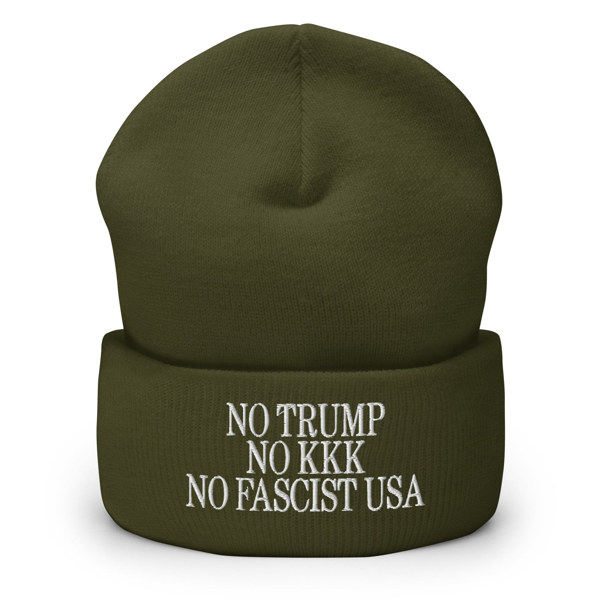 No Trump, No KKK, No Fascist USA Embroidered Cuffed Knit Beanie Olive Beanies Capital Crowns LADs Liberal