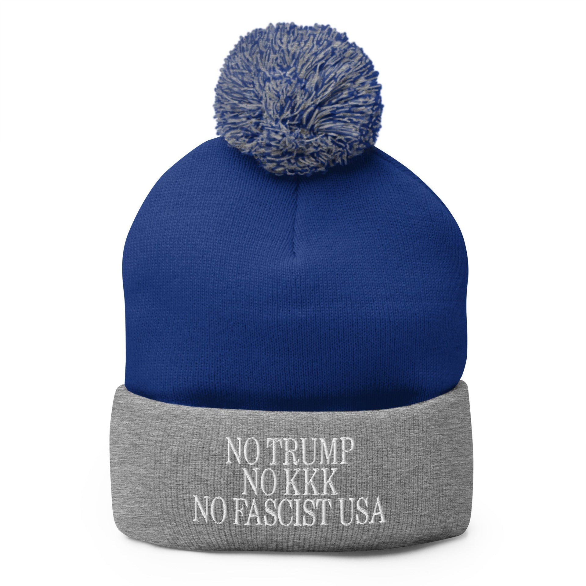 No Trump, No KKK, No Fascist USA Embroidered Pom Pom Knit Beanie Royal Heather Grey Beanies Capital Crowns LADs Liberal