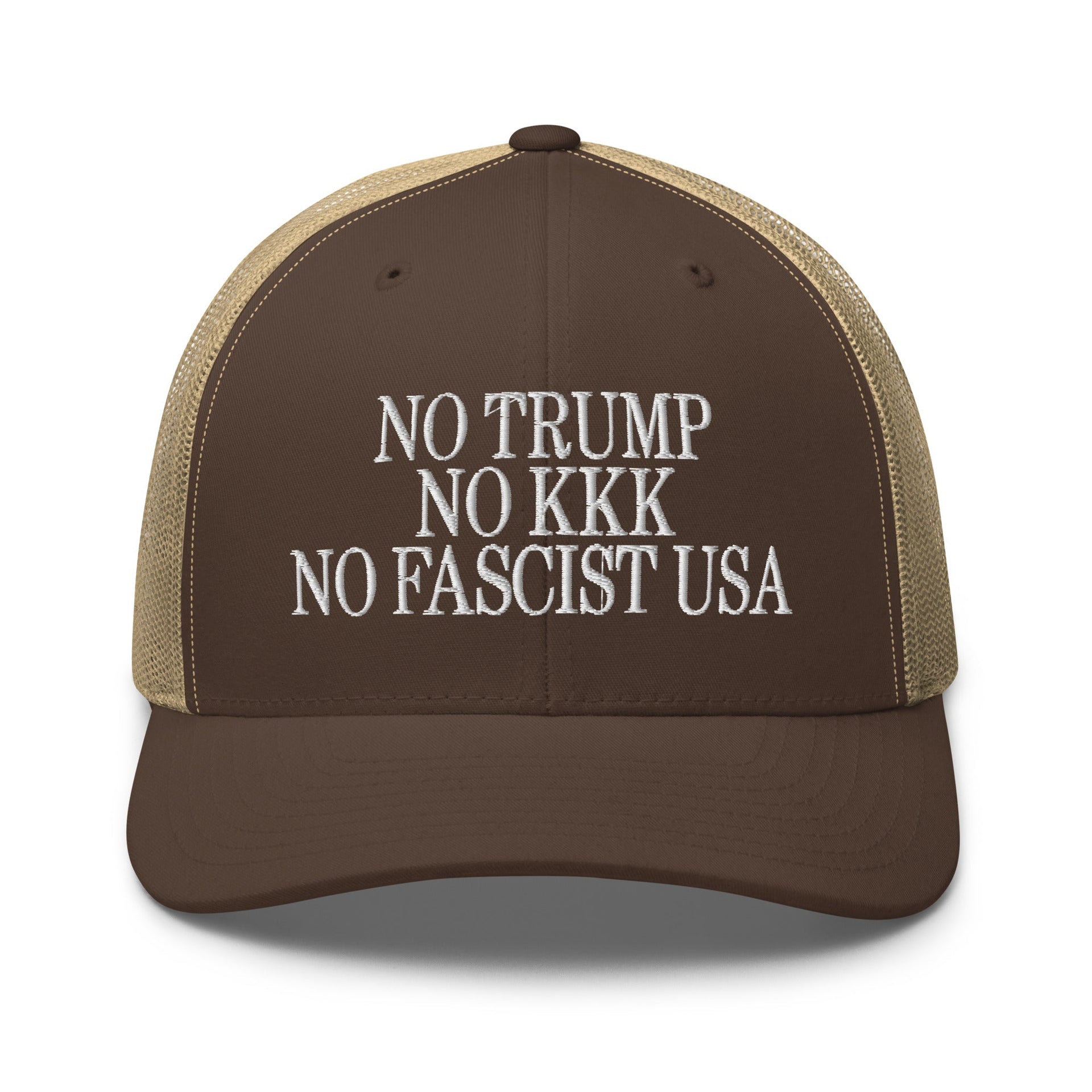 No Trump, No KKK, No Fascist USA Embroidered Retro Mesh Trucker Hat Brown Khaki Capital Crowns LADs Liberal Trucker Hats