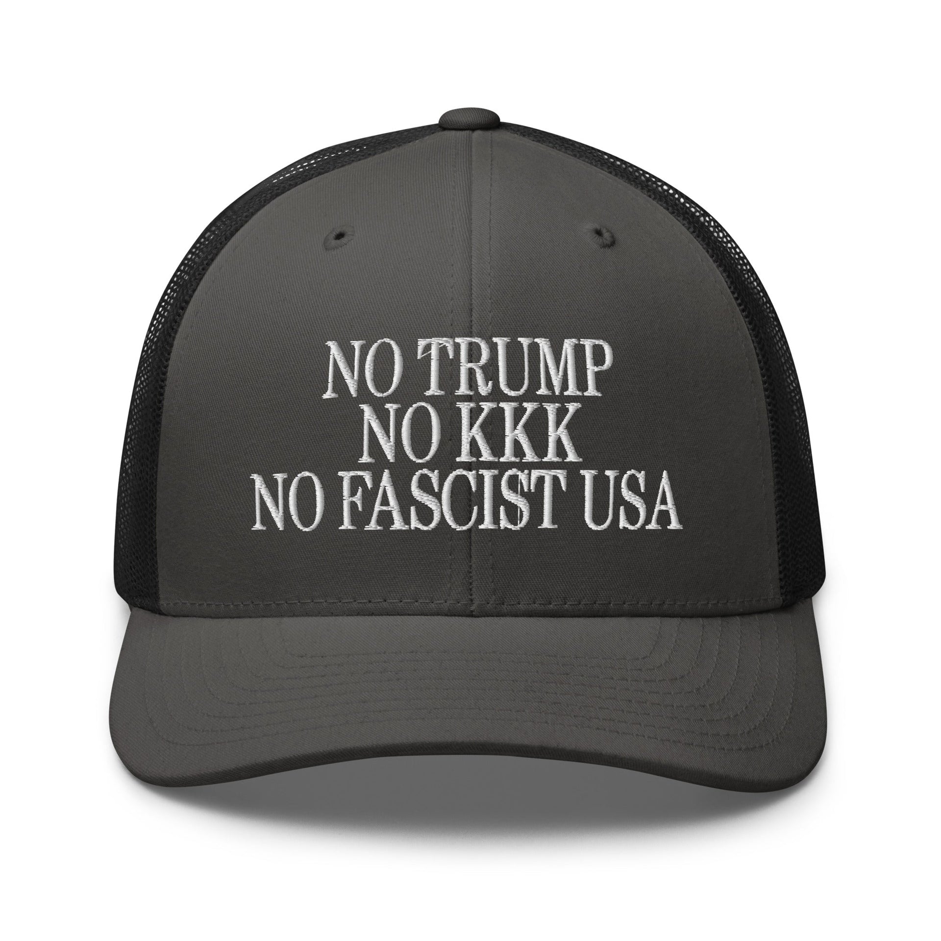 No Trump, No KKK, No Fascist USA Embroidered Retro Mesh Trucker Hat Charcoal Black Capital Crowns LADs Liberal Trucker Hats