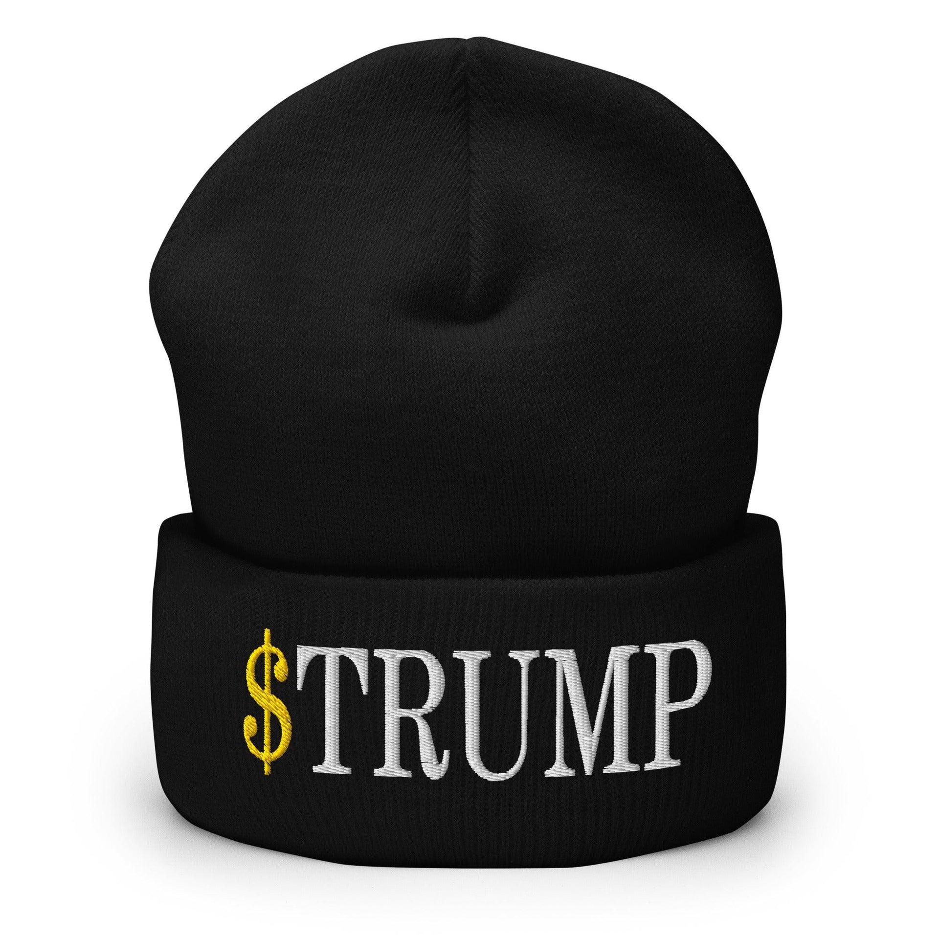 Premium $Trump Official Trump Meme Coin Embroidered Cuffed Knit Beanie | Custom Embroidery Available - Fast Turnaround Black Beanies Capital Crowns Crypto LADs