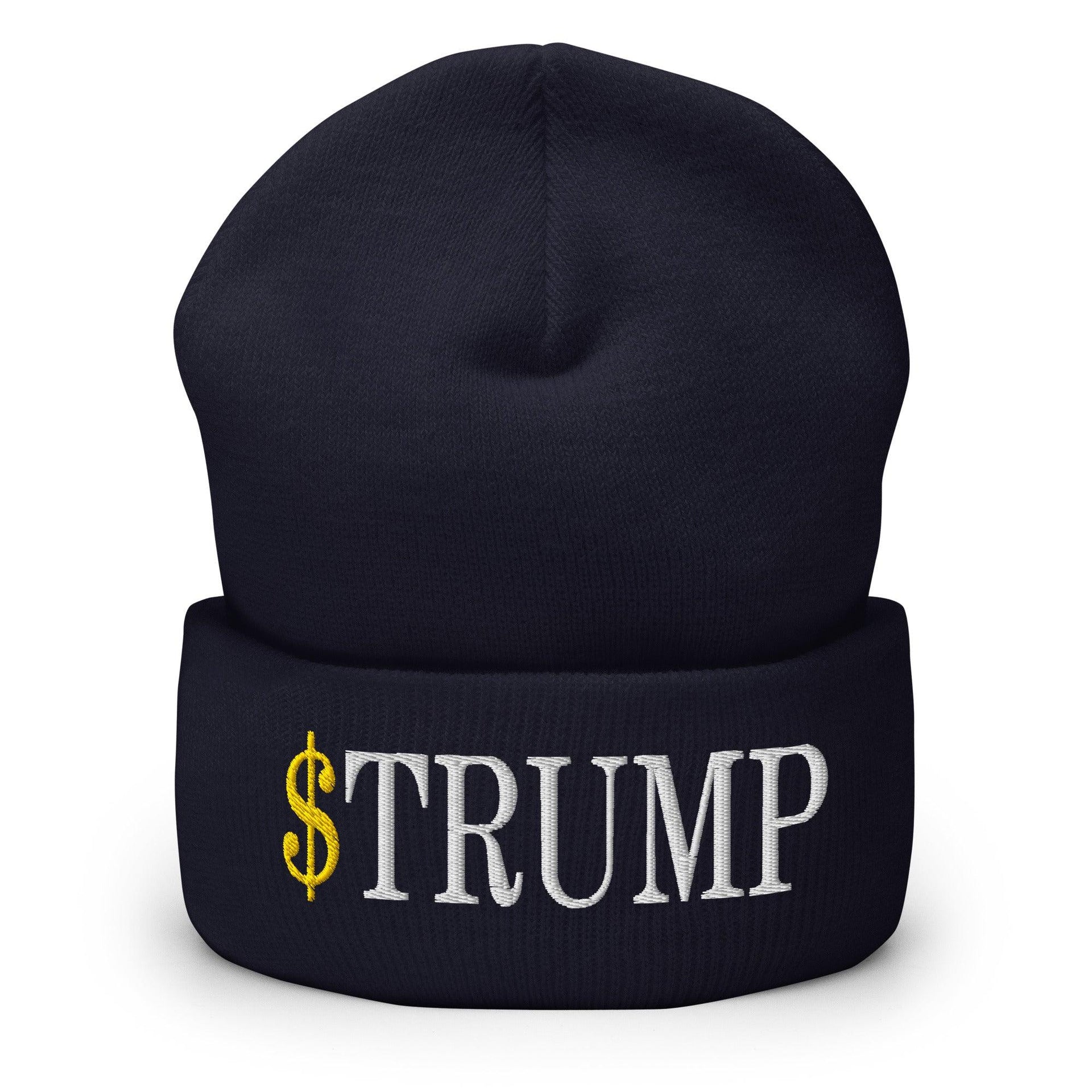 Premium $Trump Official Trump Meme Coin Embroidered Cuffed Knit Beanie | Custom Embroidery Available - Fast Turnaround Navy Beanies Capital Crowns Crypto LADs
