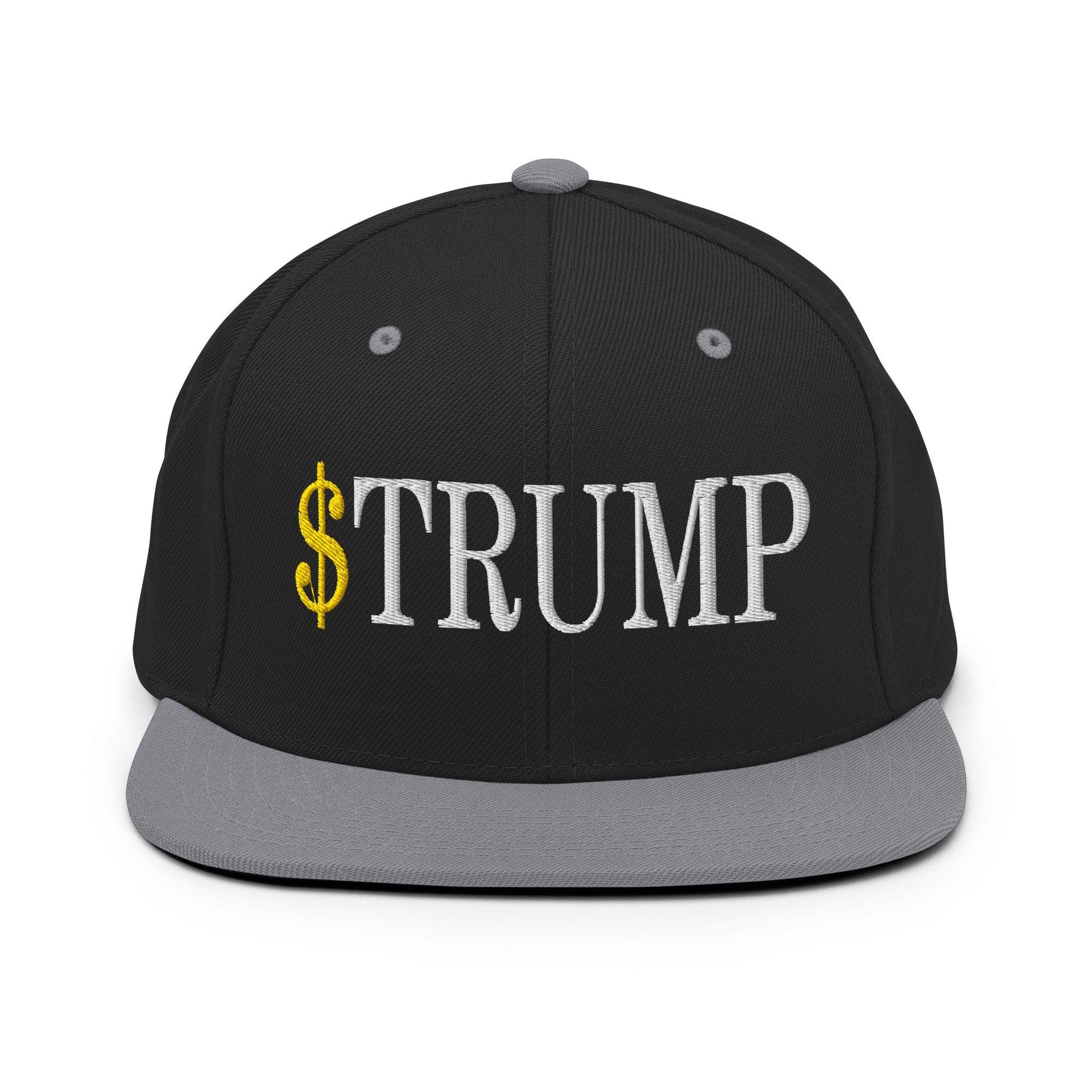 Premium $Trump Official Trump Meme Coin Embroidered Flat Brim Bill Snapback Hat | Custom Embroidery Available - Fast Turnaround Black Silver Capital Crowns Crypto LADs Snapback Hats