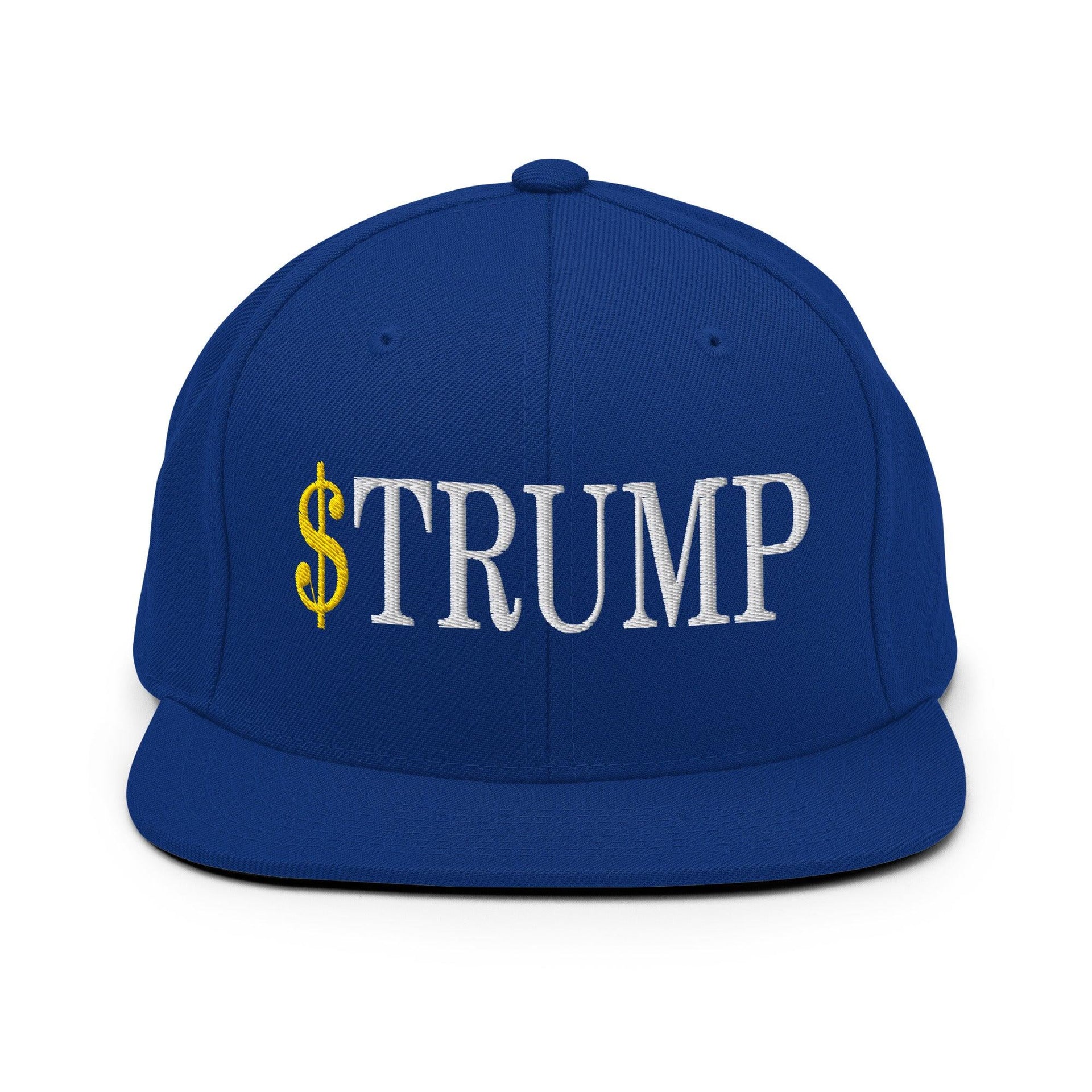 Premium $Trump Official Trump Meme Coin Embroidered Flat Brim Bill Snapback Hat | Custom Embroidery Available - Fast Turnaround Royal Blue Capital Crowns Crypto LADs Snapback Hats