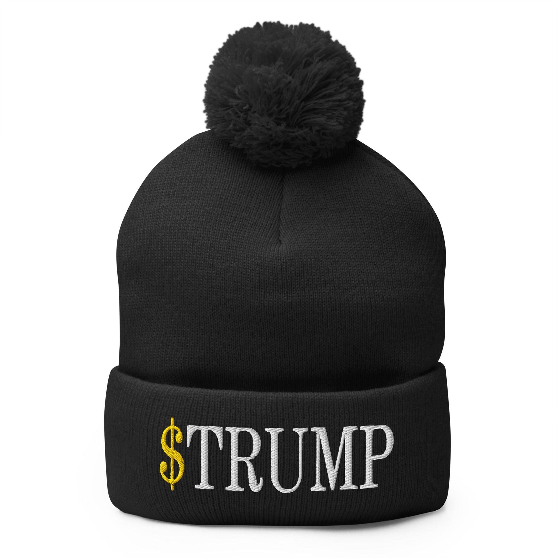 Premium $Trump Official Trump Meme Coin Embroidered Pom Pom Knit Beanie | Custom Embroidery Available - Fast Turnaround Black Beanies Capital Crowns Crypto LADs