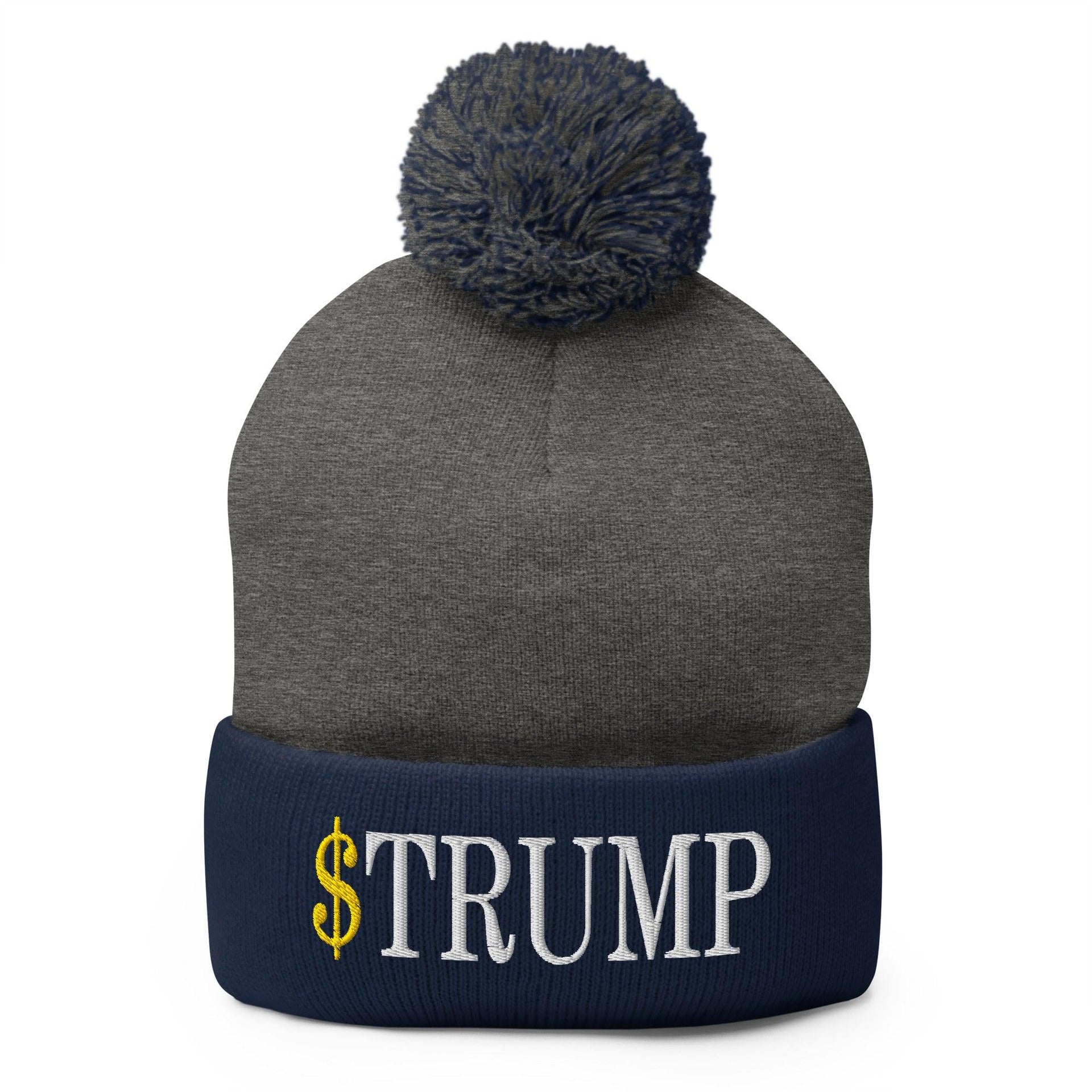 Premium $Trump Official Trump Meme Coin Embroidered Pom Pom Knit Beanie | Custom Embroidery Available - Fast Turnaround Dark Heather Grey Navy Beanies Capital Crowns Crypto LADs
