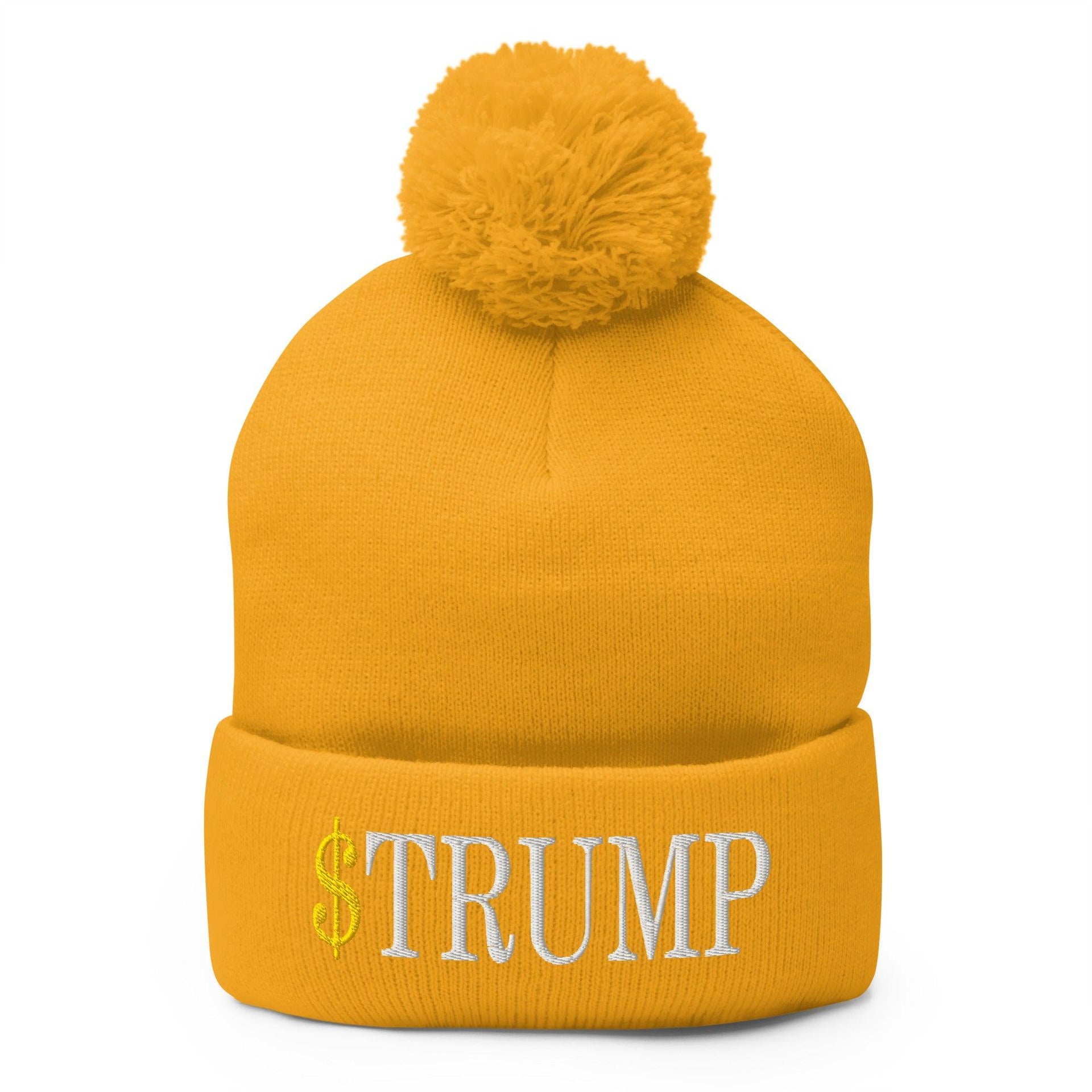 Premium $Trump Official Trump Meme Coin Embroidered Pom Pom Knit Beanie | Custom Embroidery Available - Fast Turnaround Gold Beanies Capital Crowns Crypto LADs