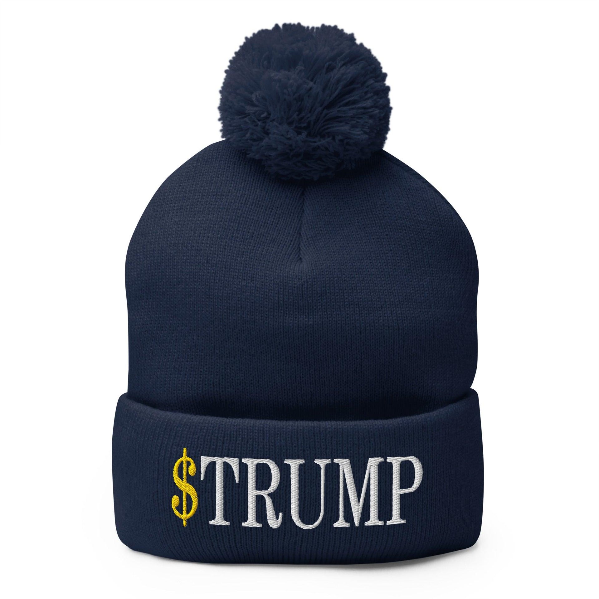 Premium $Trump Official Trump Meme Coin Embroidered Pom Pom Knit Beanie | Custom Embroidery Available - Fast Turnaround Navy Beanies Capital Crowns Crypto LADs