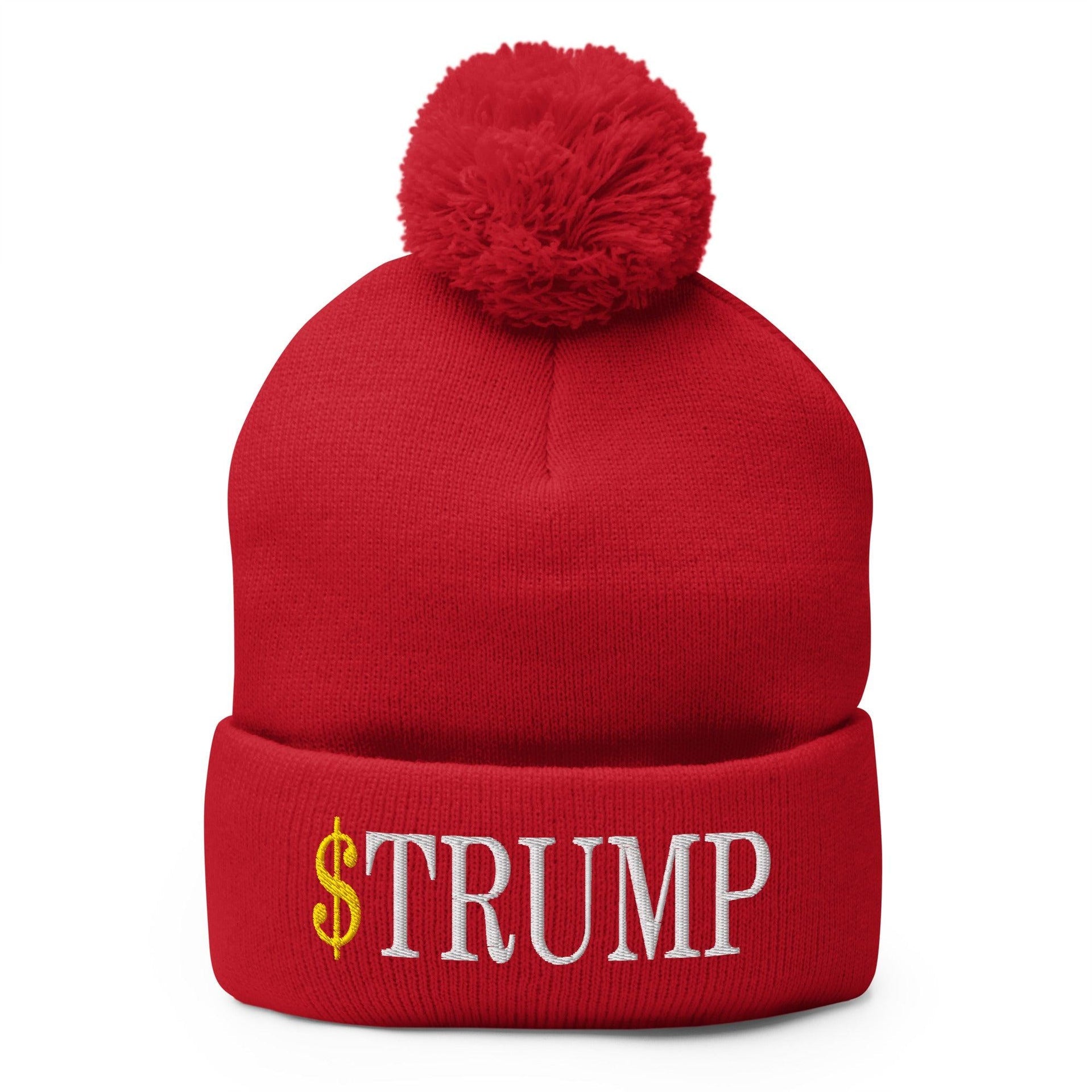 Premium $Trump Official Trump Meme Coin Embroidered Pom Pom Knit Beanie | Custom Embroidery Available - Fast Turnaround Red Beanies Capital Crowns Crypto LADs