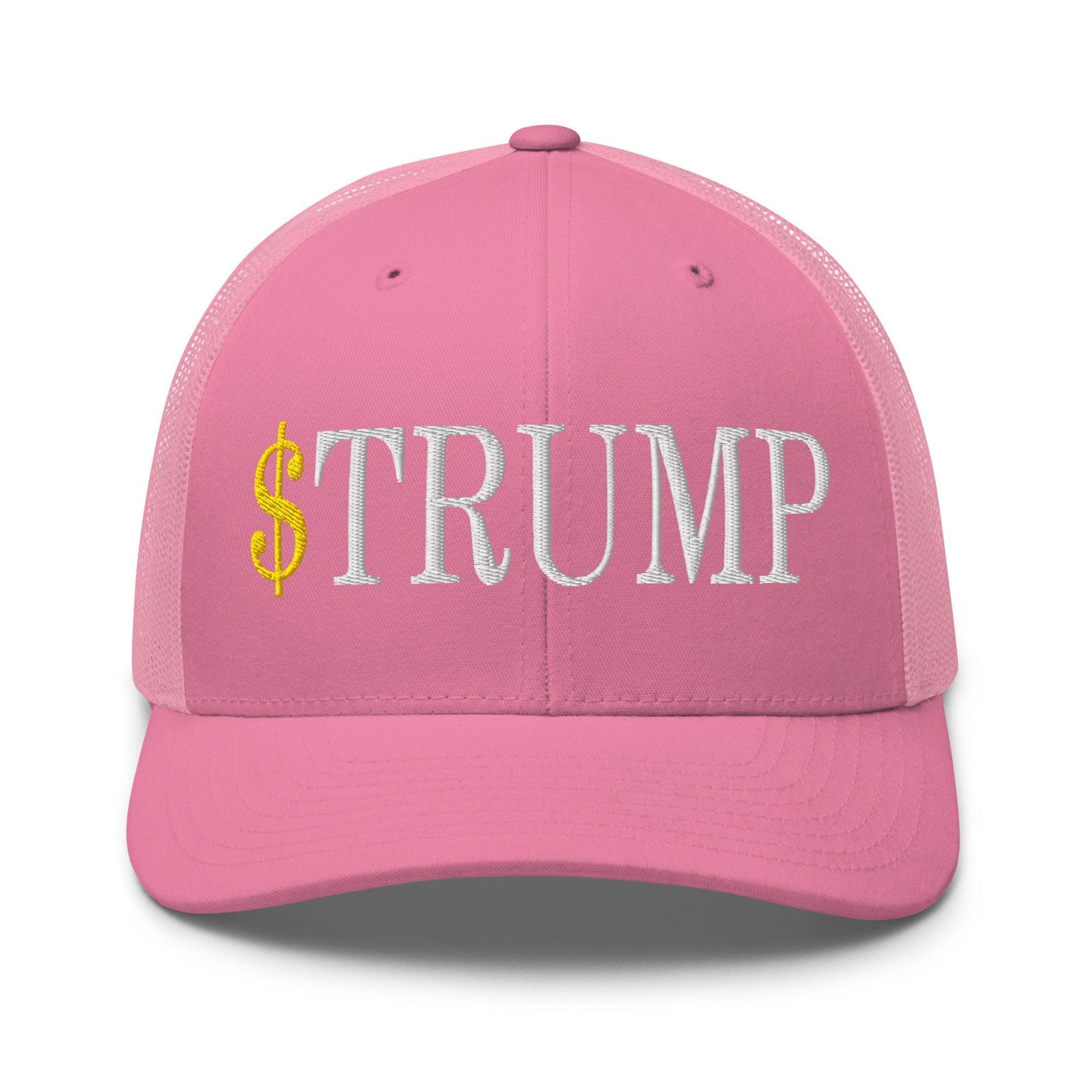 Premium $Trump Official Trump Meme Coin Embroidered Retro Mesh Trucker Hat | Custom Embroidery Available - Fast Turnaround Pink Capital Crowns Crypto LADs Trucker Hats