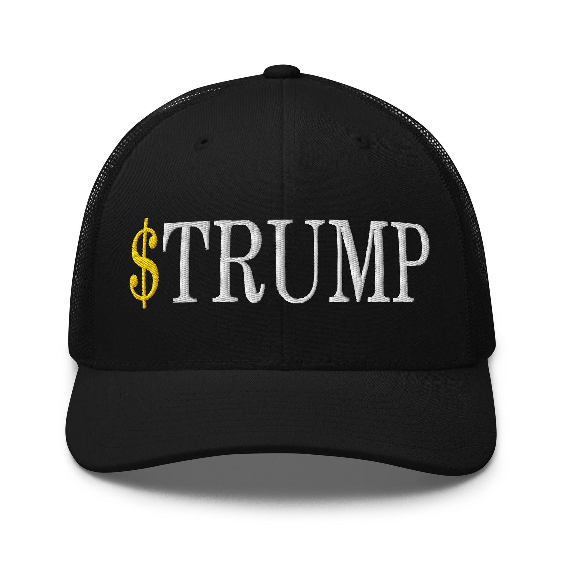 Premium $Trump Official Trump Meme Coin Embroidered Retro Mesh Trucker Hat | Custom Embroidery Available - Fast Turnaround Black Capital Crowns Crypto LADs Trucker Hats