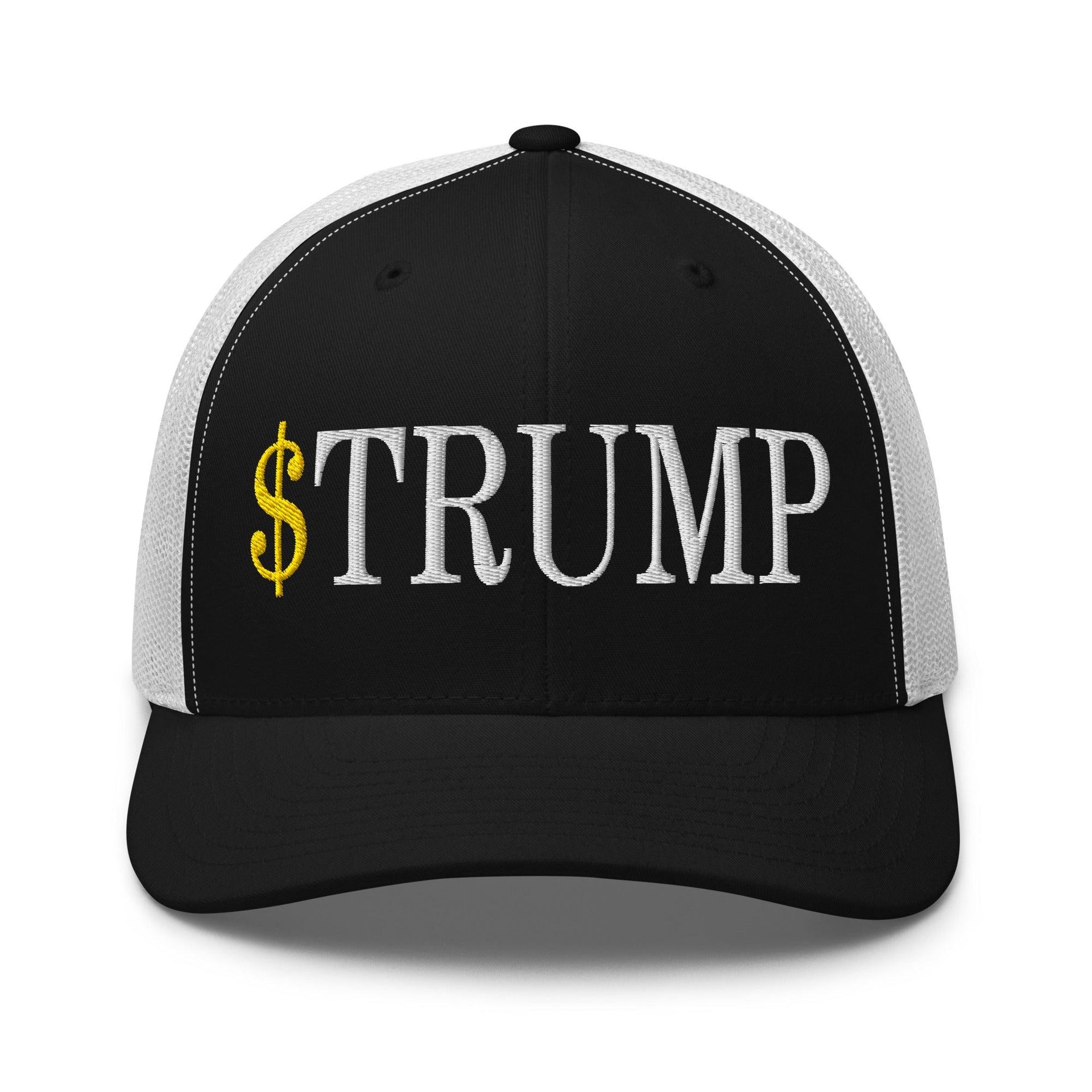 Premium $Trump Official Trump Meme Coin Embroidered Retro Mesh Trucker Hat | Custom Embroidery Available - Fast Turnaround Black White Capital Crowns Crypto LADs Trucker Hats