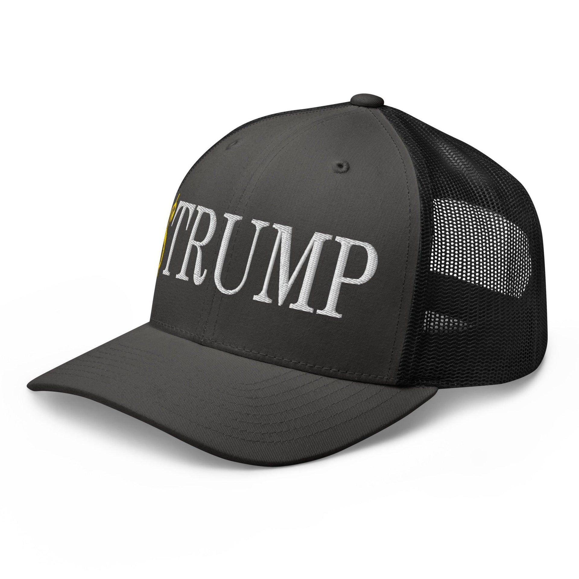 Premium $Trump Official Trump Meme Coin Embroidered Retro Mesh Trucker Hat | Custom Embroidery Available - Fast Turnaround Capital Crowns Crypto LADs Trucker Hats
