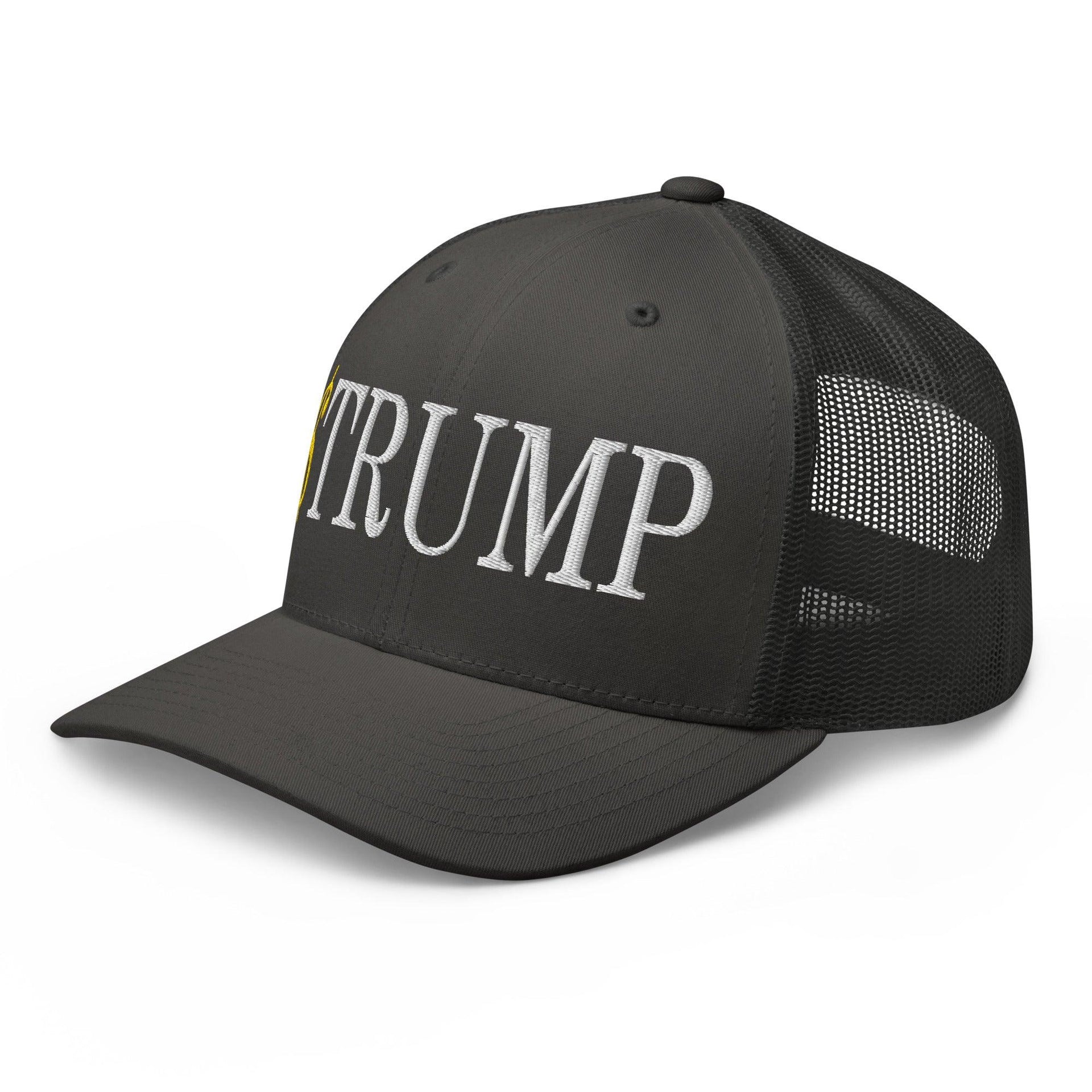 Premium $Trump Official Trump Meme Coin Embroidered Retro Mesh Trucker Hat | Custom Embroidery Available - Fast Turnaround Capital Crowns Crypto LADs Trucker Hats