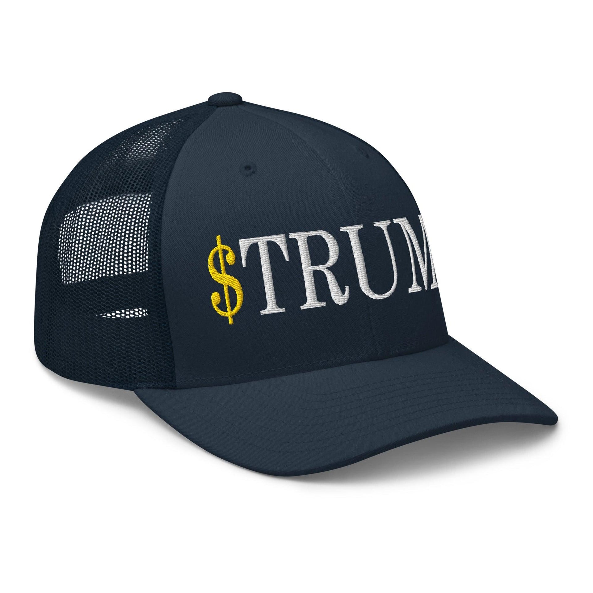 Premium $Trump Official Trump Meme Coin Embroidered Retro Mesh Trucker Hat | Custom Embroidery Available - Fast Turnaround Capital Crowns Crypto LADs Trucker Hats