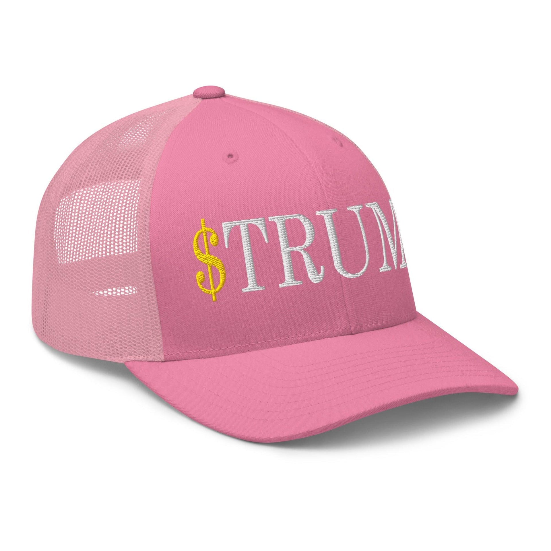 Premium $Trump Official Trump Meme Coin Embroidered Retro Mesh Trucker Hat | Custom Embroidery Available - Fast Turnaround Capital Crowns Crypto LADs Trucker Hats