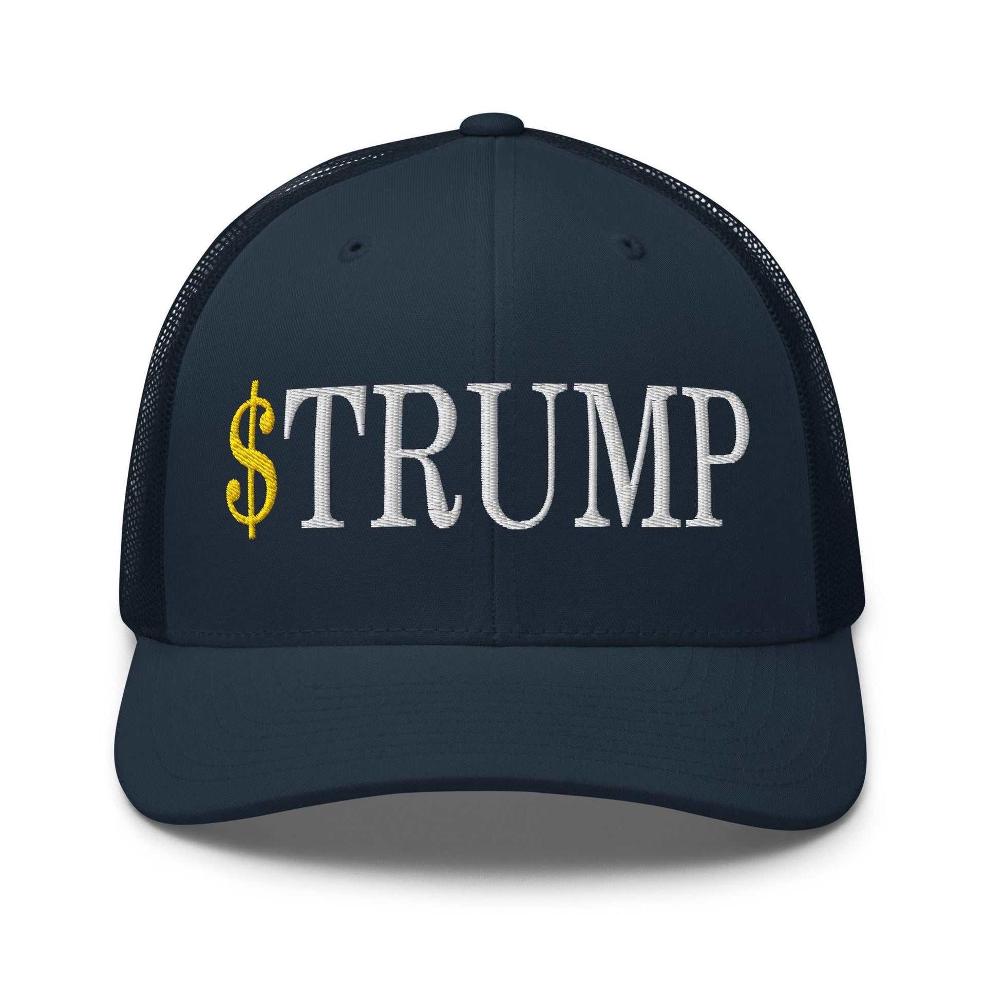 Premium $Trump Official Trump Meme Coin Embroidered Retro Mesh Trucker Hat | Custom Embroidery Available - Fast Turnaround Navy Capital Crowns Crypto LADs Trucker Hats